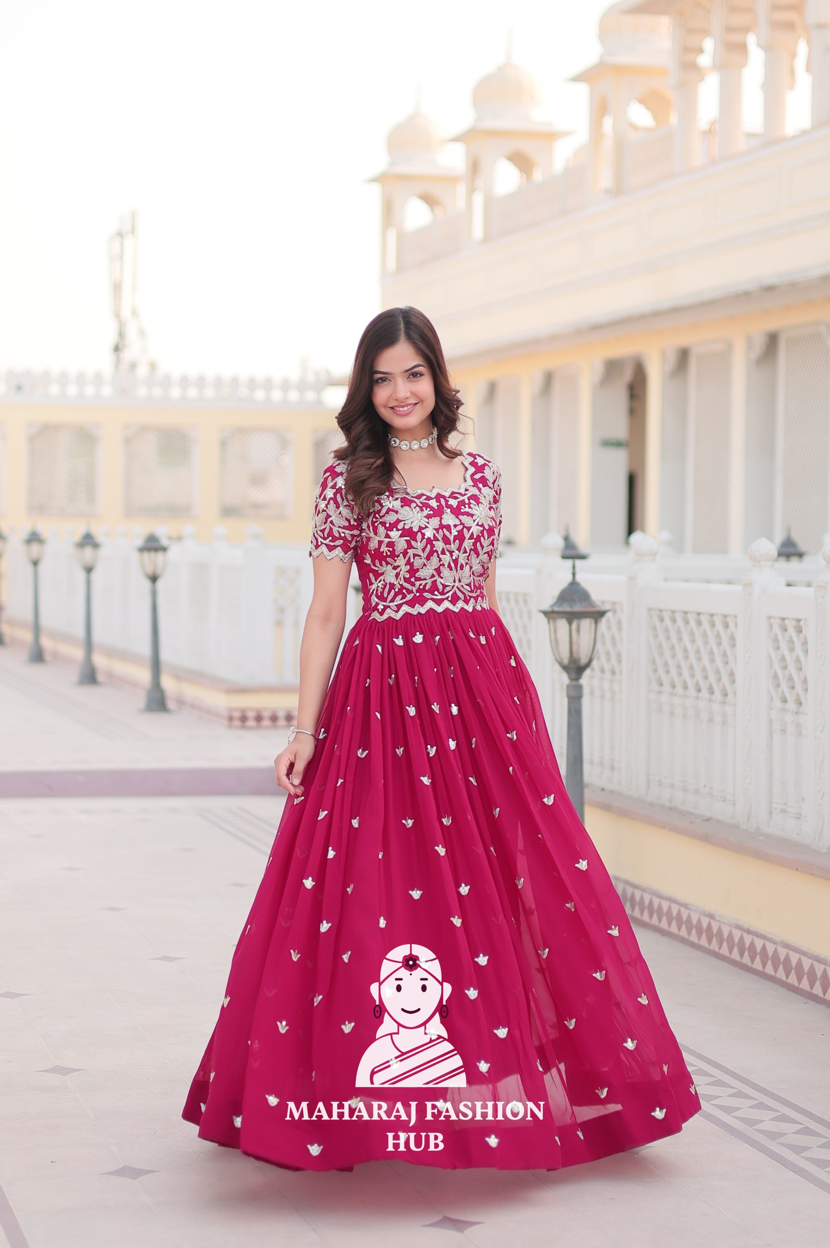 Canvas Patta Stitched Special Designer Gown with Embroidered Cut-Work Sleeves