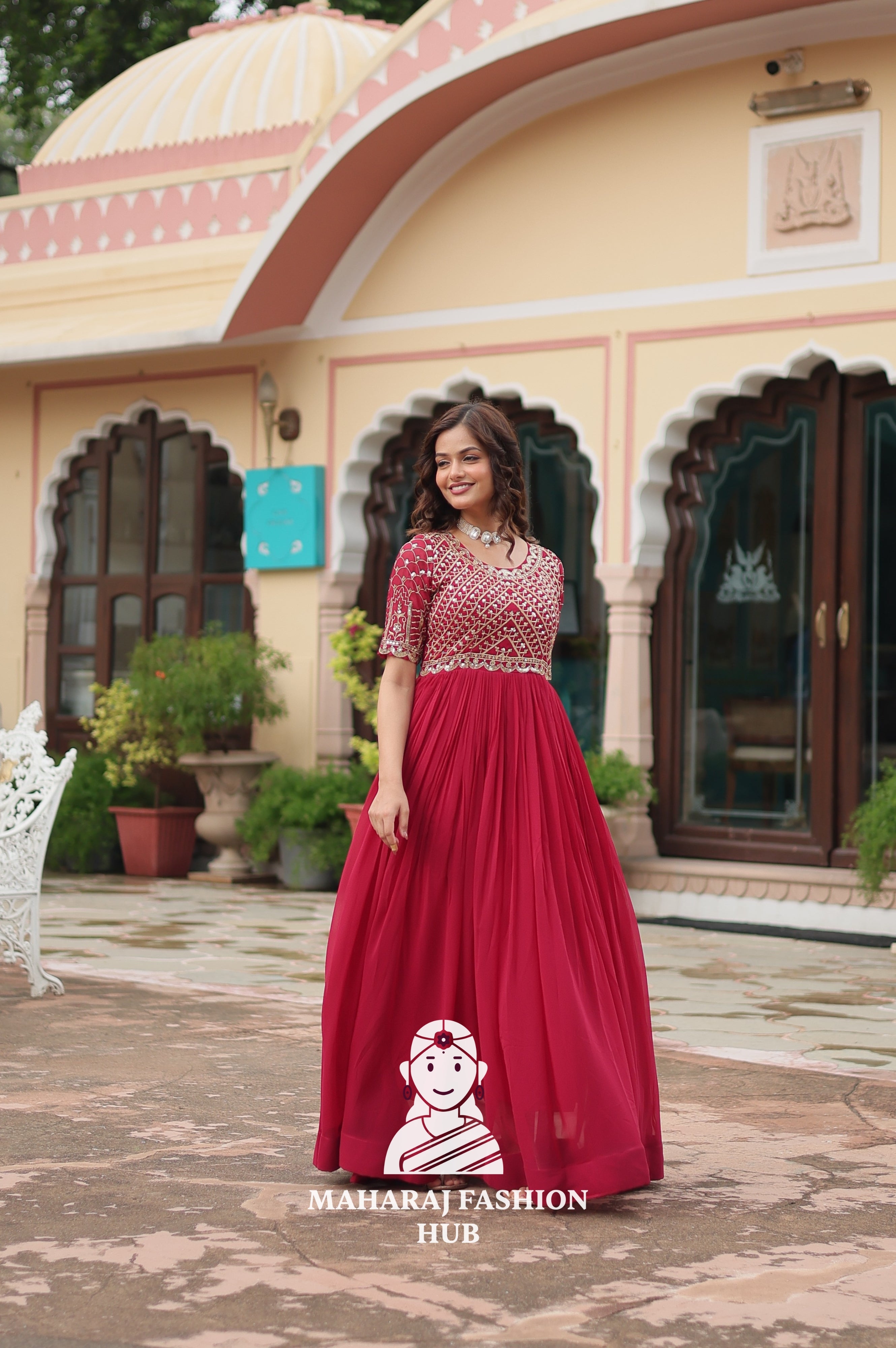 Beautiful Embroidered Faux Blooming Gown with Cotton Lining