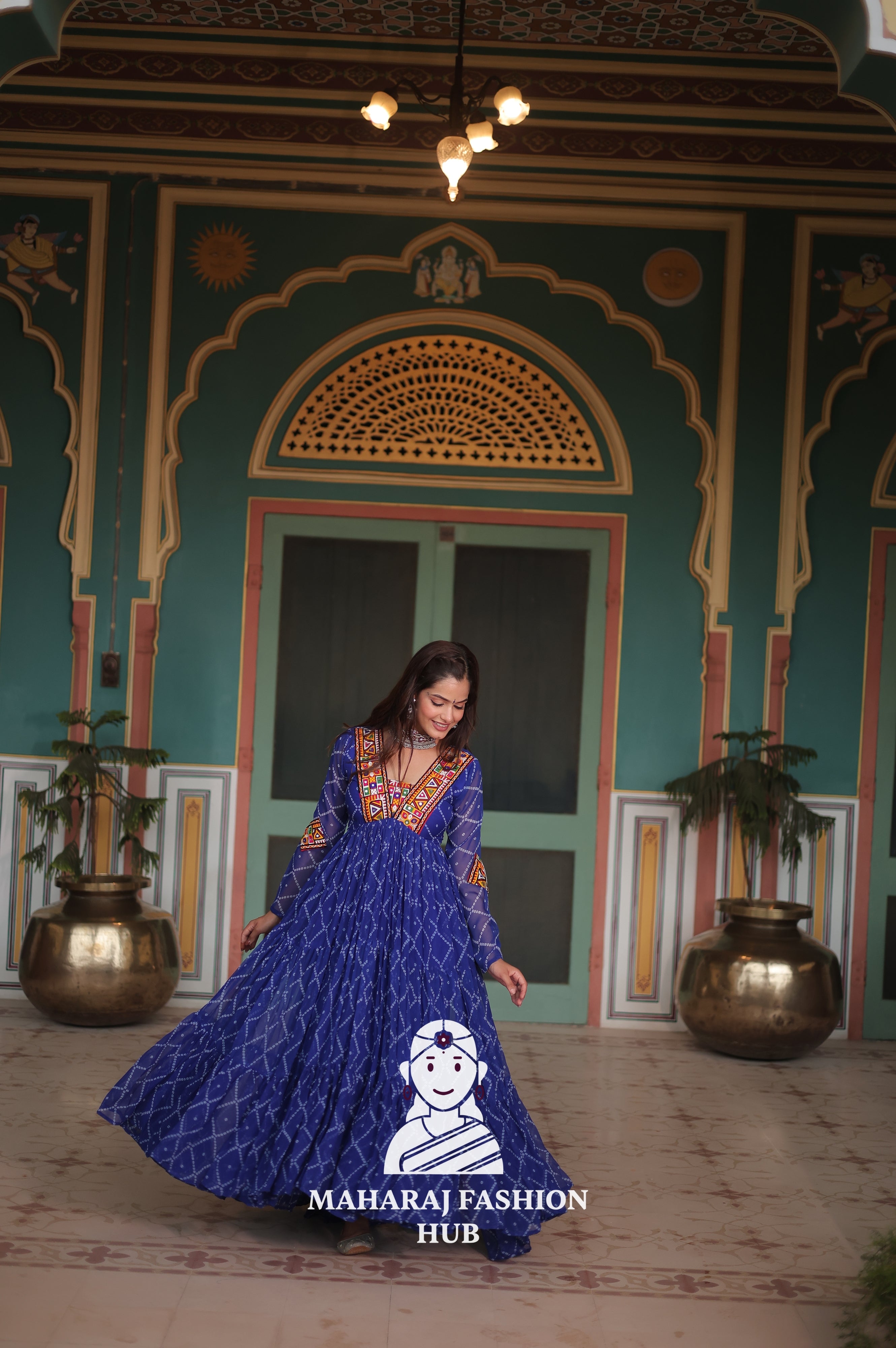 Bandhani Print Faux Georgette Gown with Kutchi Patchwork Detailing