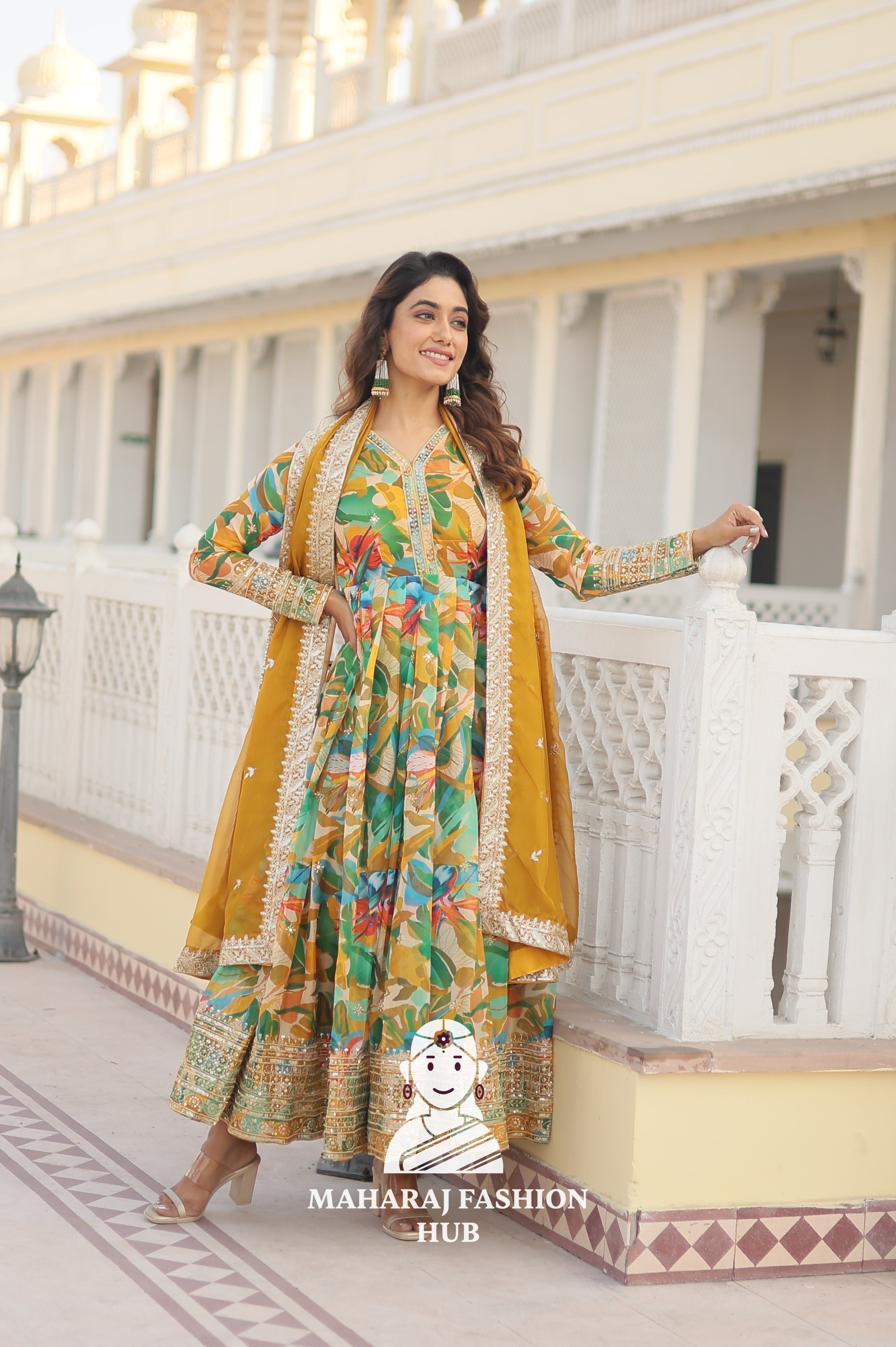 Embroidered Russian Silk Gown Set with Fancy V Neck - Special Designer Gown