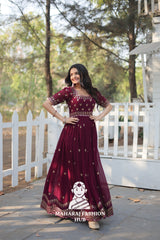 Elegant Faux Blooming Fabric Gown with Cut Work Sleeves