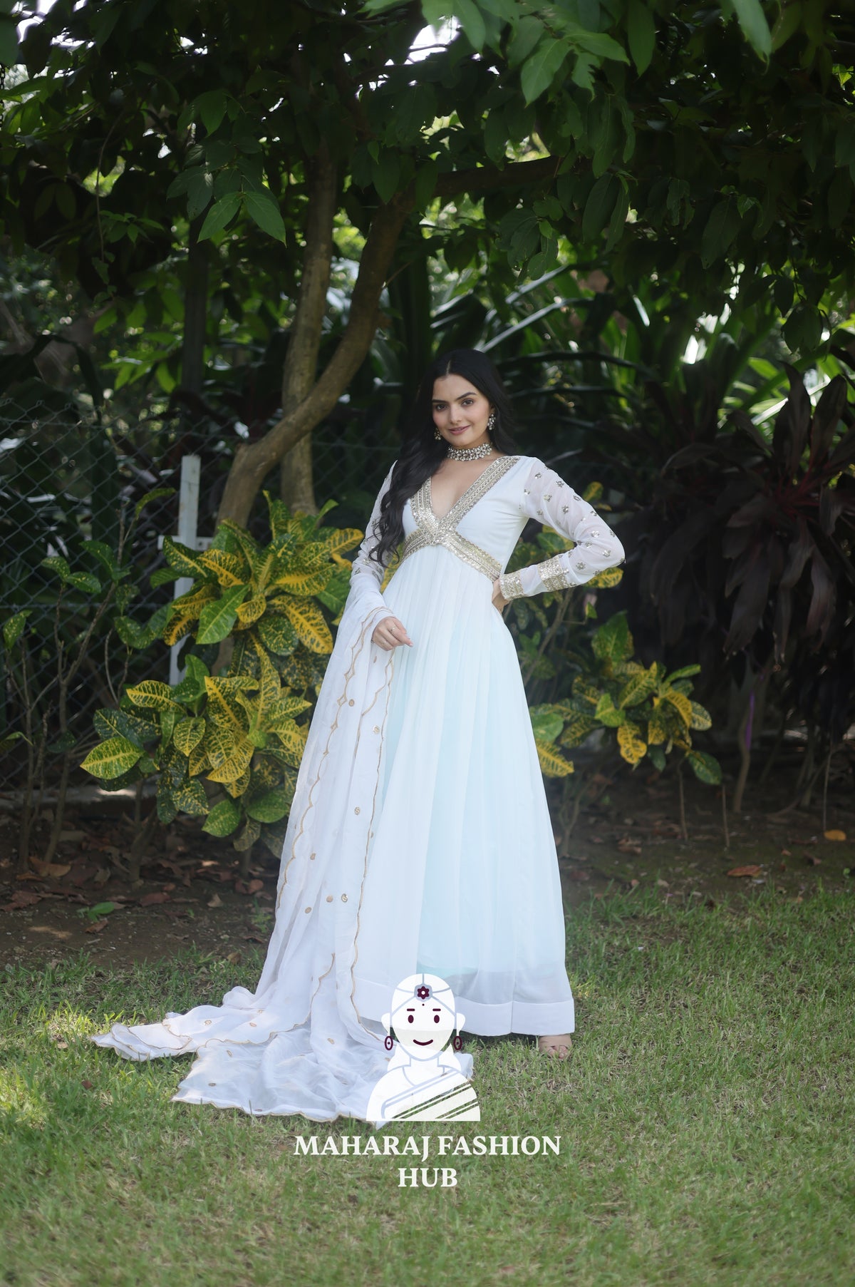 Zari-Sequined Faux Blooming Gown – With Fancy V Neck & Cut-Work Dupatta ✨