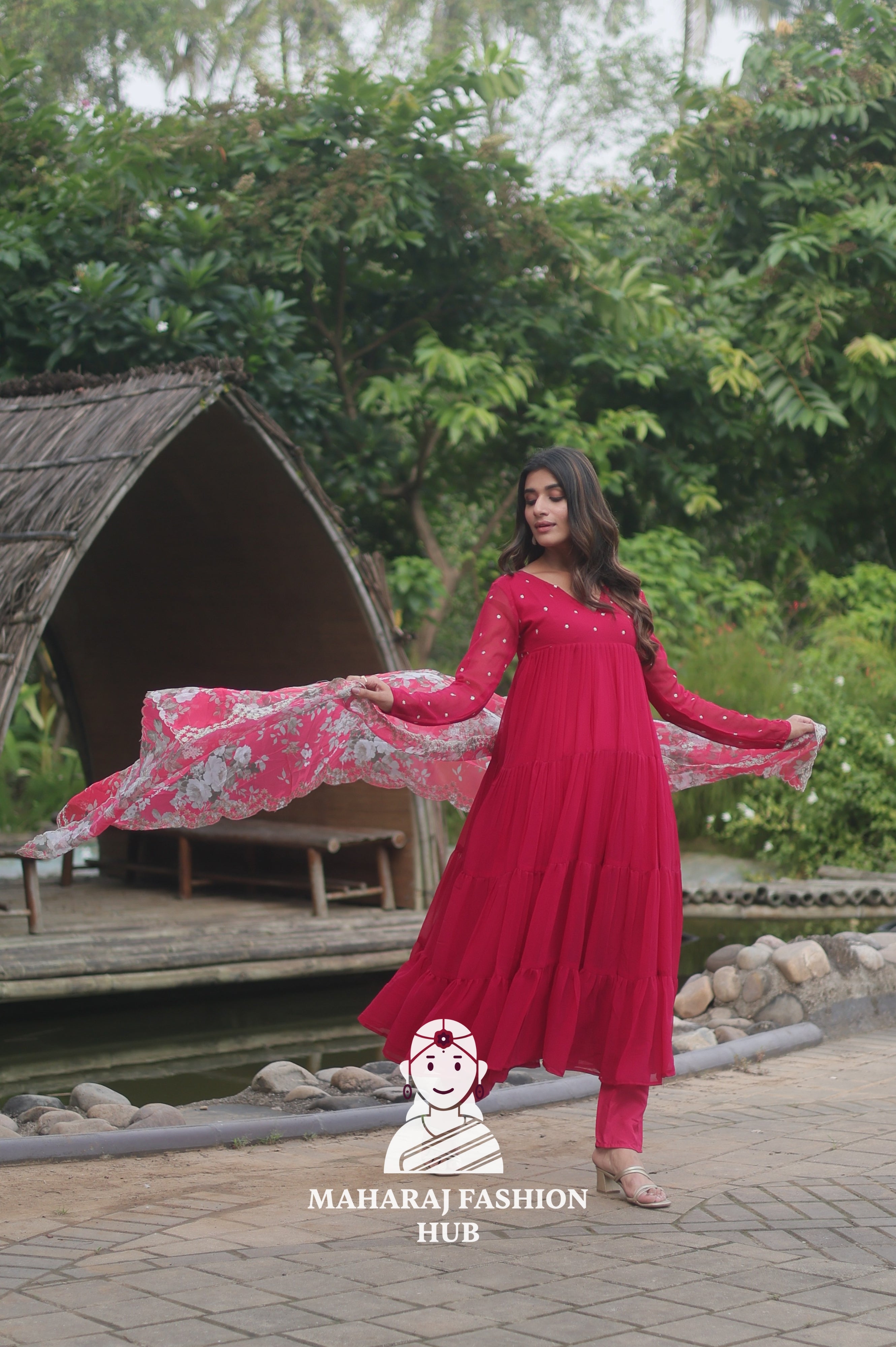 🪷 Floral Printed Organza Dupatta with Frill Gown & Micro Cotton Bottom