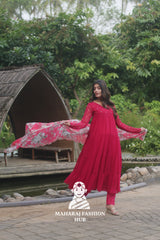 🪷 Floral Printed Organza Dupatta with Frill Gown & Micro Cotton Bottom