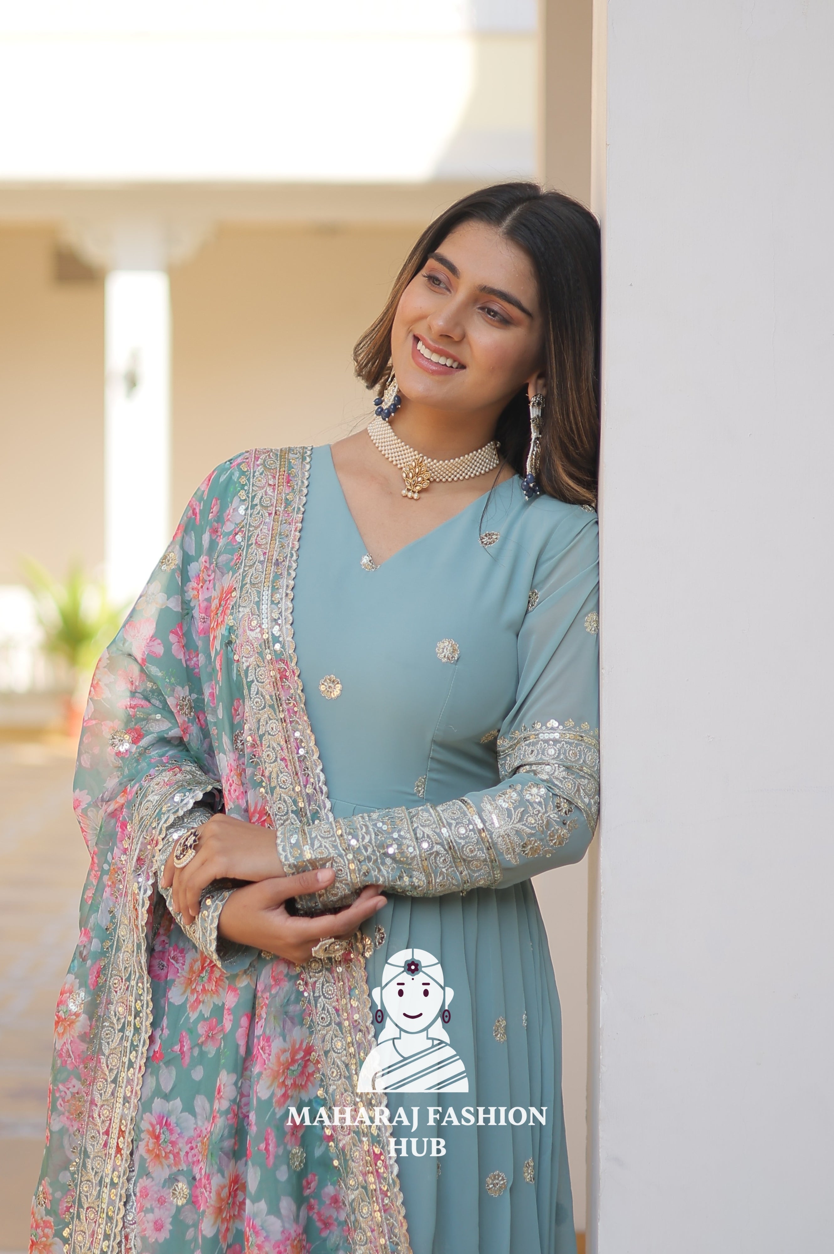 V Neck Faux Georgette Gown with Full Sleeves and Embroidered Silk Dupatta