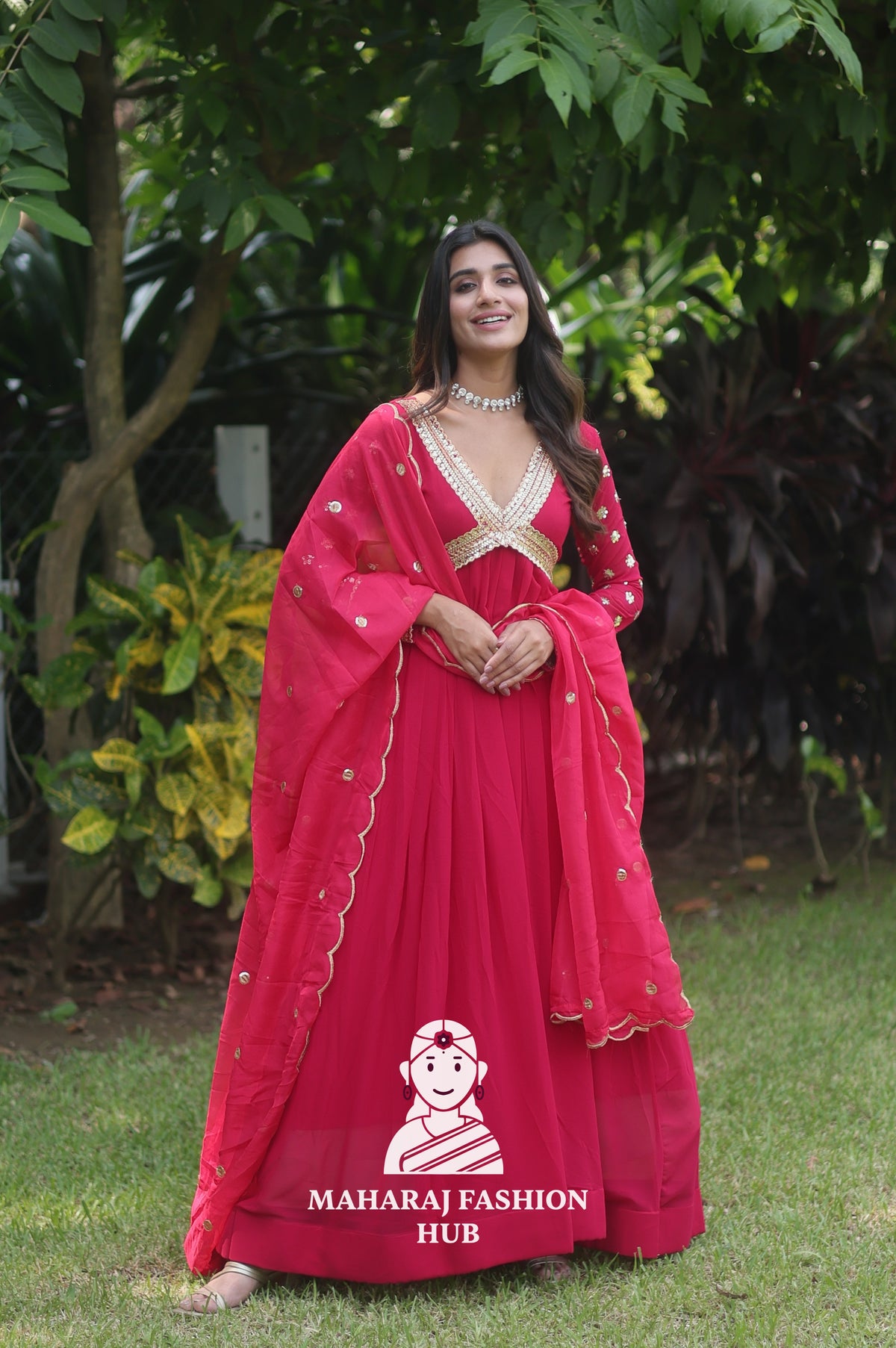 V-Neck Faux Blooming Gown – With Artistic Cut-Work Dupatta Combo 🌸