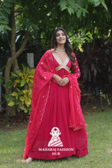V-Neck Faux Blooming Gown – With Artistic Cut-Work Dupatta Combo 🌸