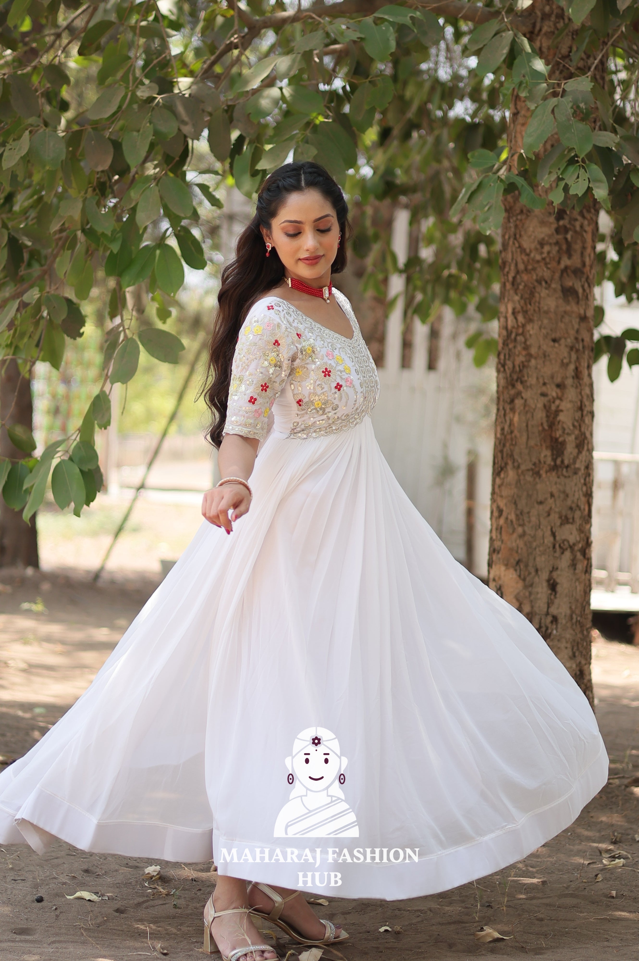 Elegant Embroidered Fabric Gown with Modern V Neckline