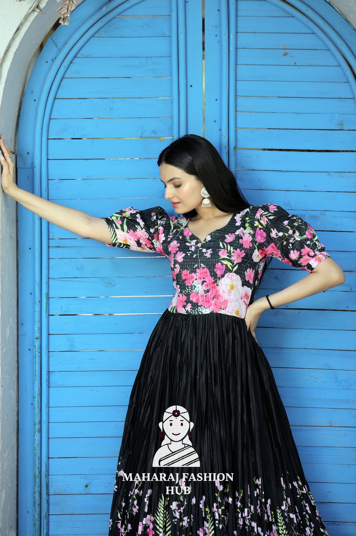 Elegant Digital Print Gown with Designer Neckline