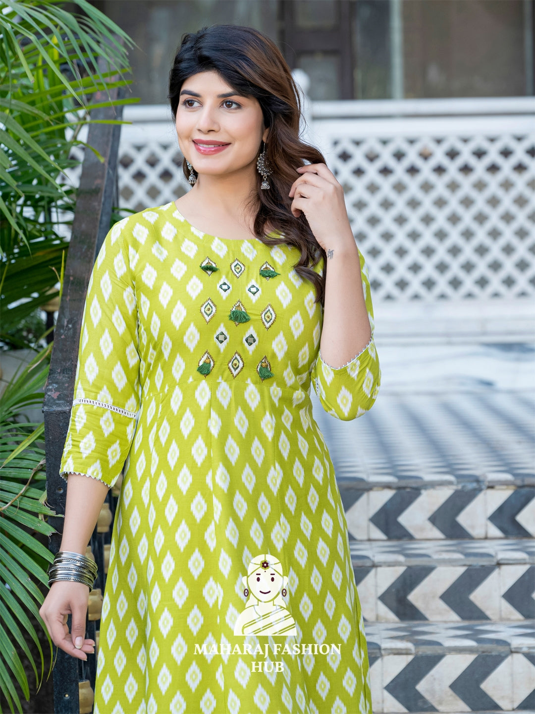 🌿 Printed & Embroidered Rayon Kurta – Parrot Green Chic