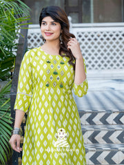 🌿 Printed & Embroidered Rayon Kurta – Parrot Green Chic