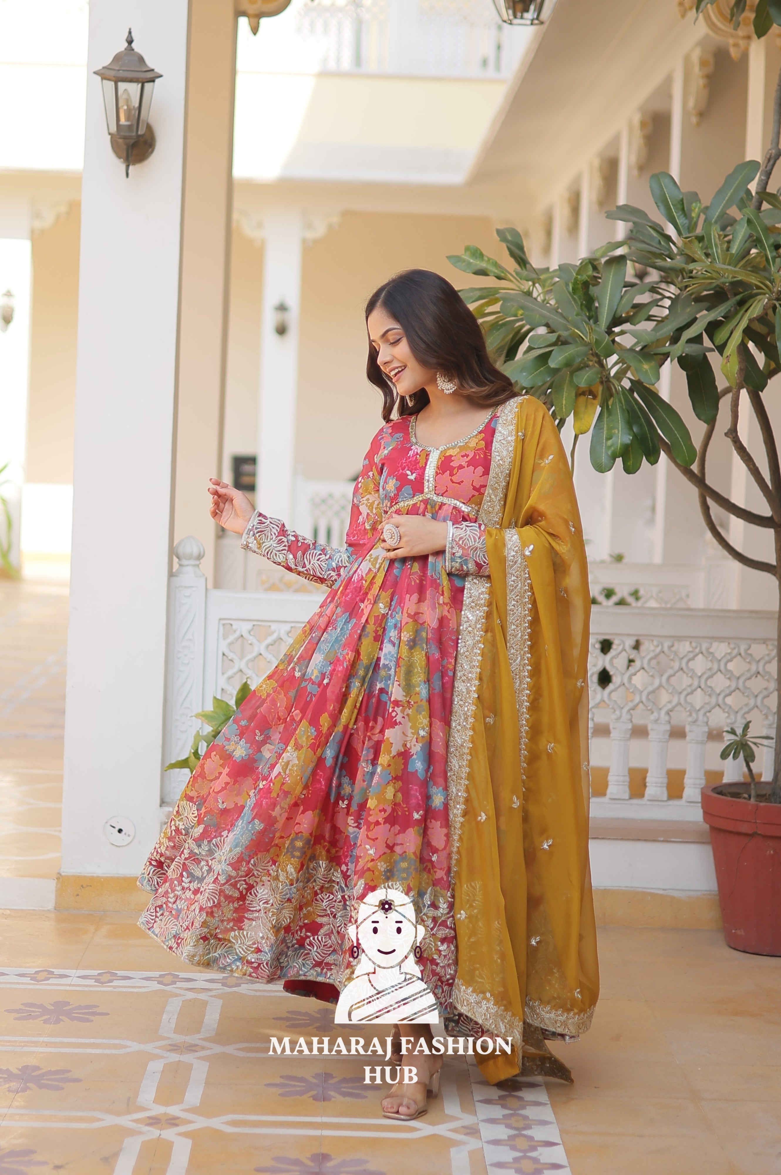 Designer V Neck Russian Silk Gown with Embroidered Dupatta
