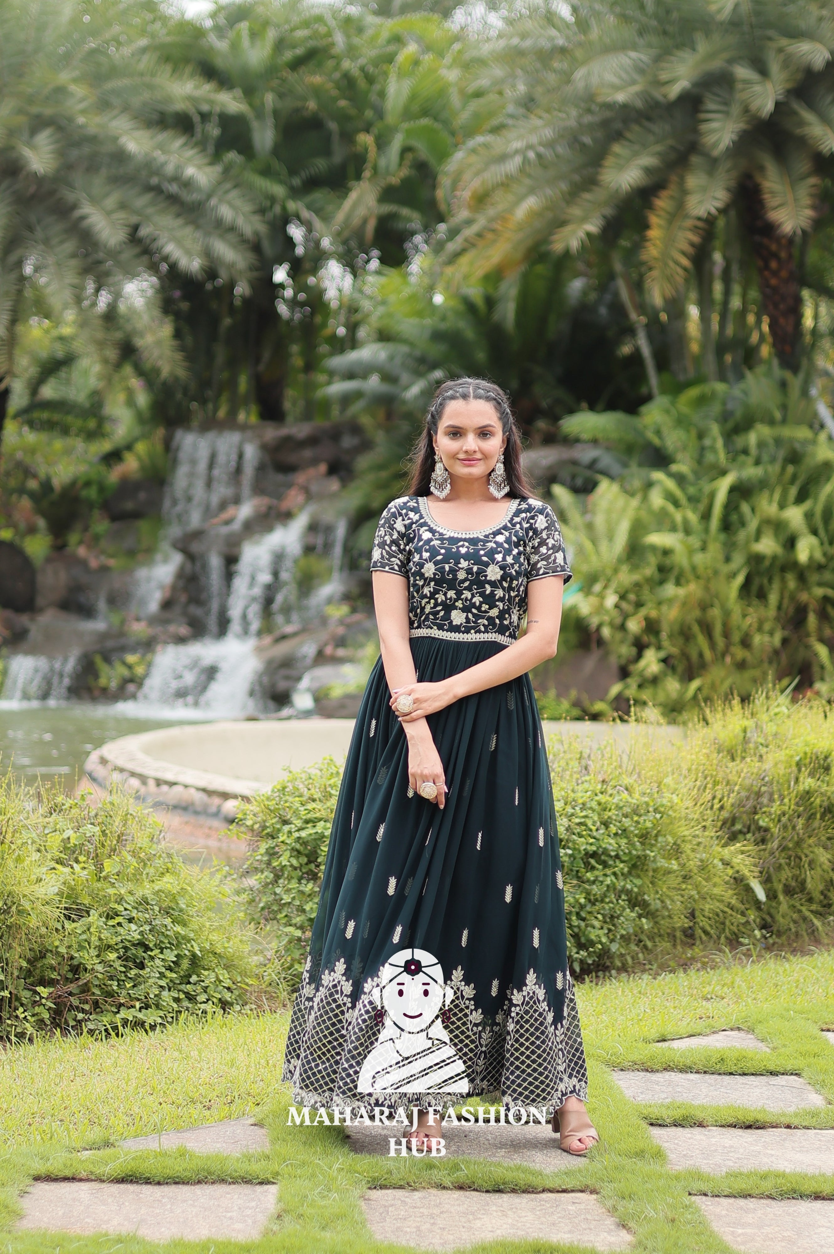 🧵 Cotton-Lined Comfort in Blooming Fabric -Special Designer Gown