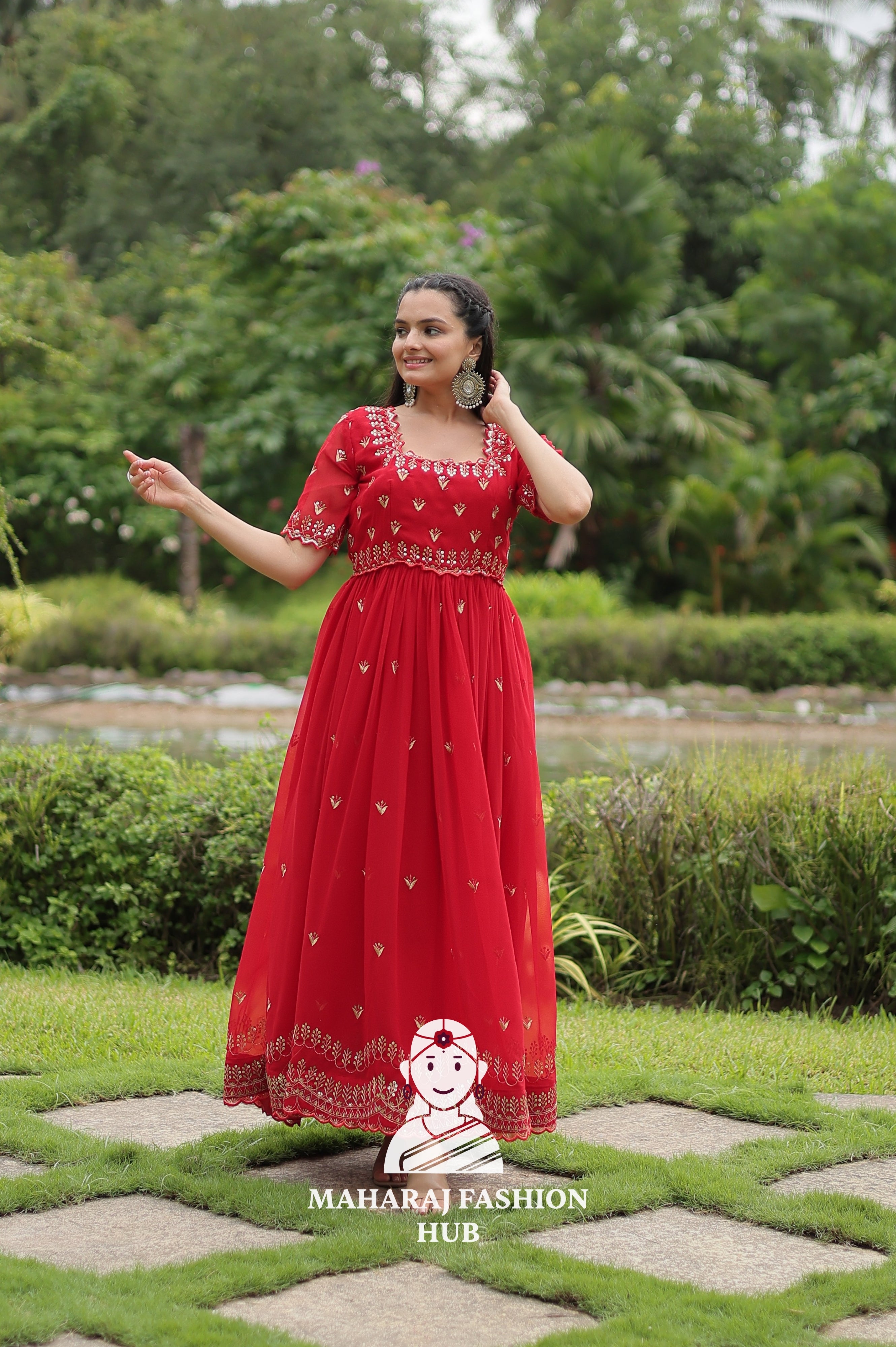 Sequins Embroidered Fabric Gown with Stylish Square Neck