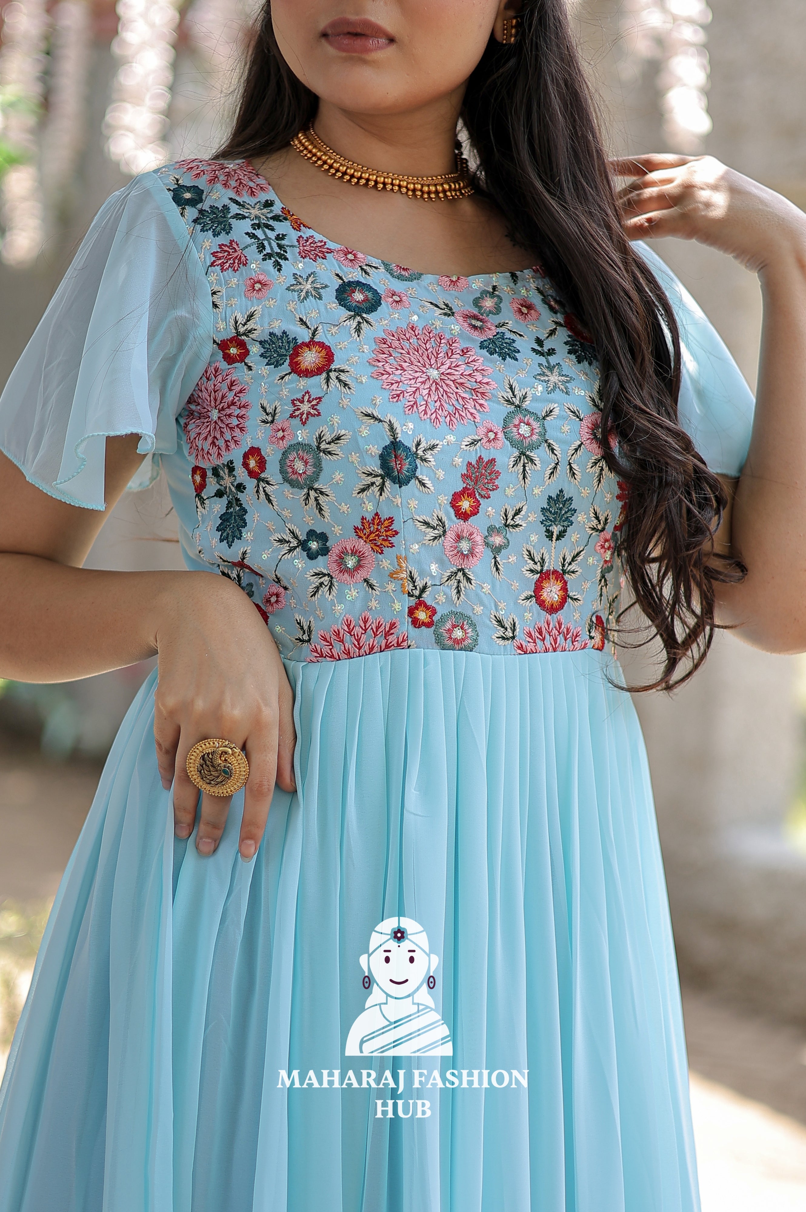 ✨ Cotton Lined Frill Stitch Gown in Faux Georgette | Wedding & Party Essential
