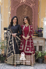 🪡 Zari Sequins Gown with Fancy Neck & Lace Border Dupatta - Special Designer Gown