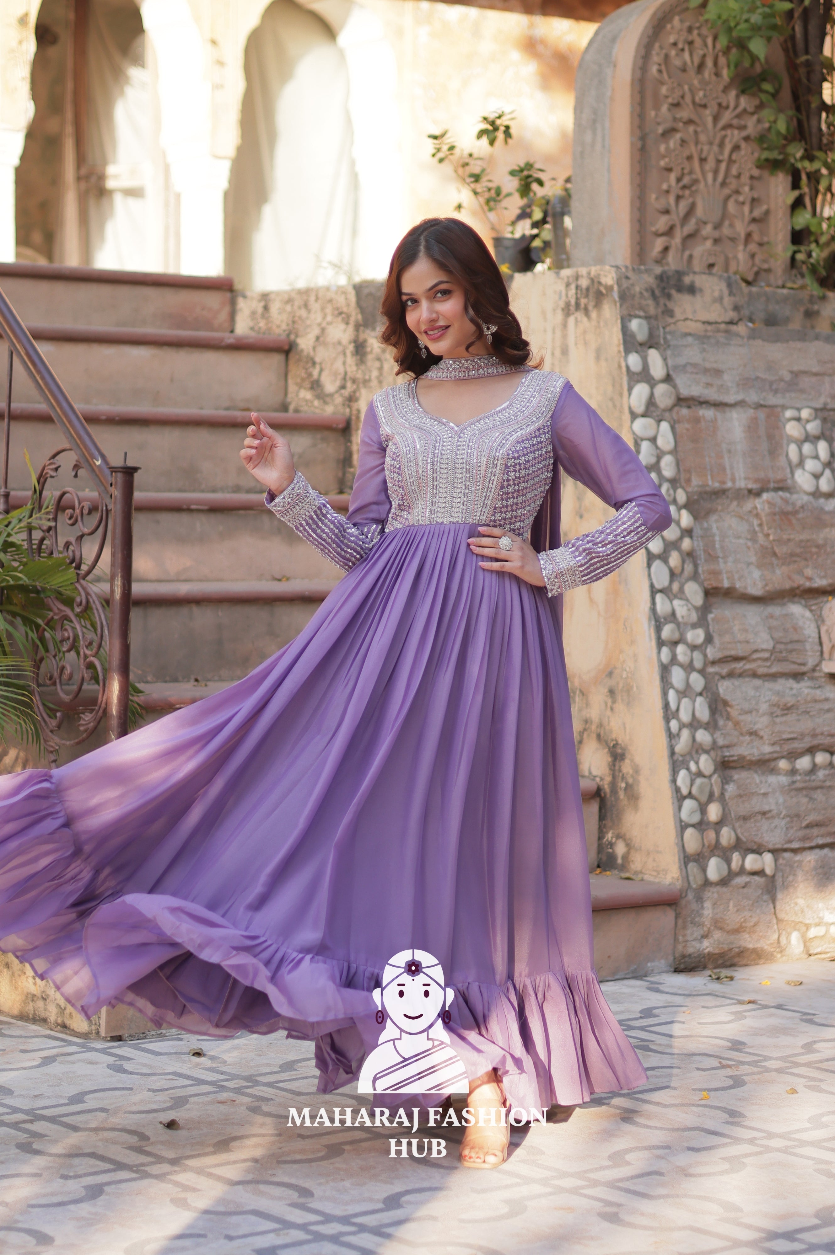 🧵 Star Georgette Gown with Heavy Work & 5 M Flair Grandeur - Special Designer Gown