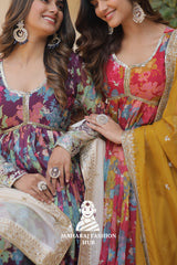 Embroidered Digital Print Gown in Russian Silk with Full Inner Lining
