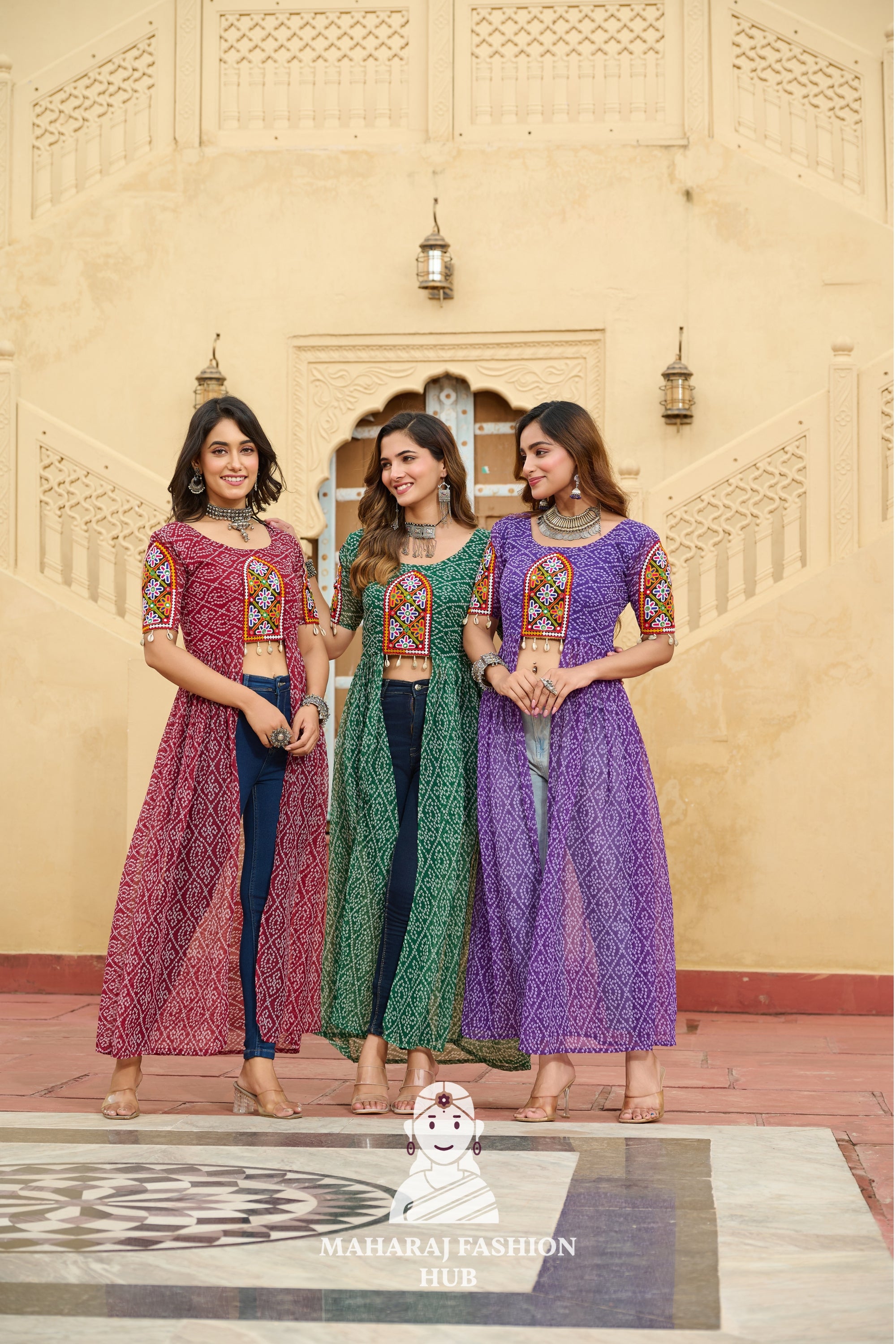 Combo Graceful Bandhani and Kutchi Patch Round Neck Navratri Kurti 🌺💫