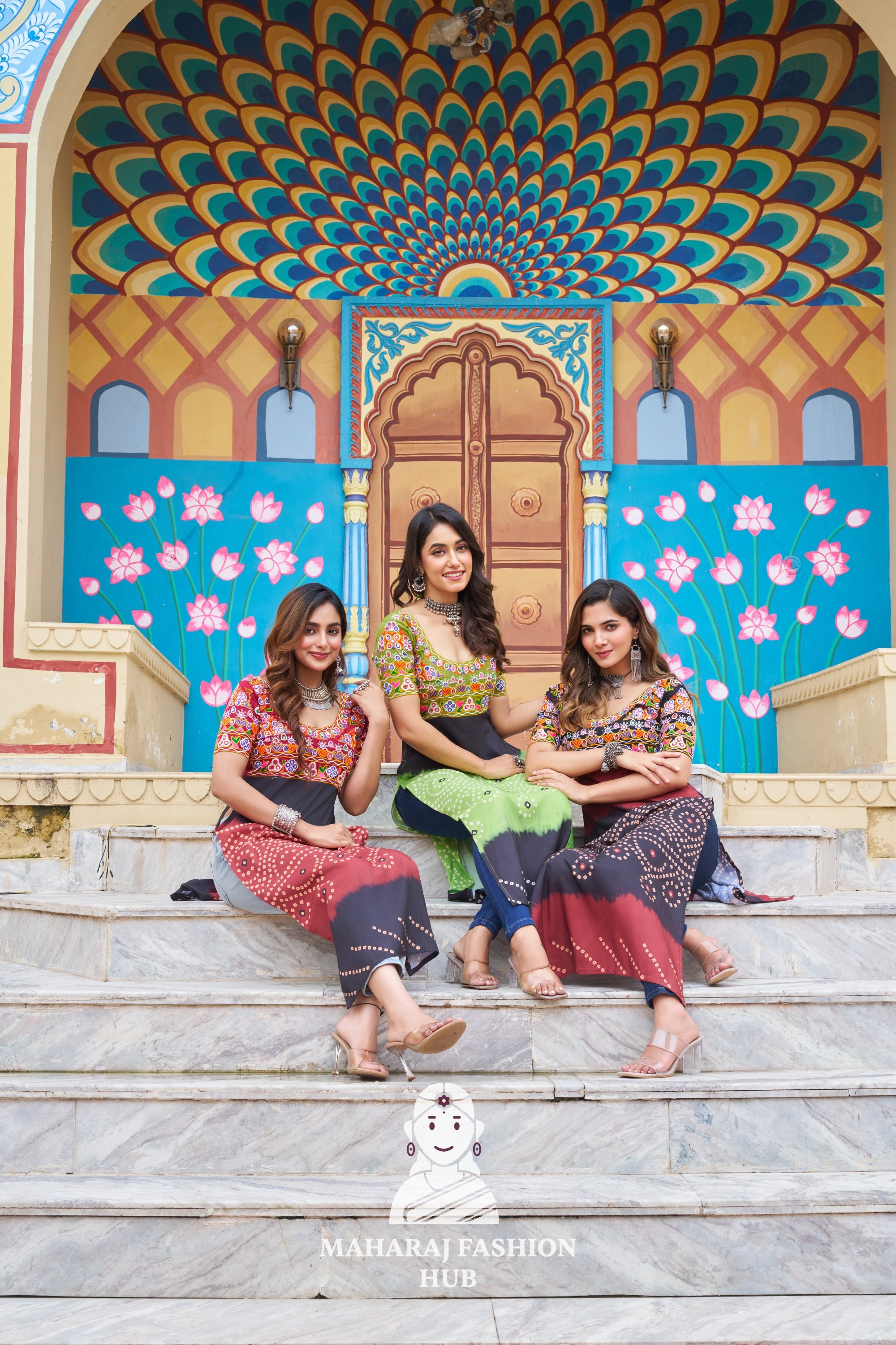 Navratri Combo - Graceful Half Sleeve Kutchi Gamthi Embroidery Printed Rayon Kurti 👑🌺