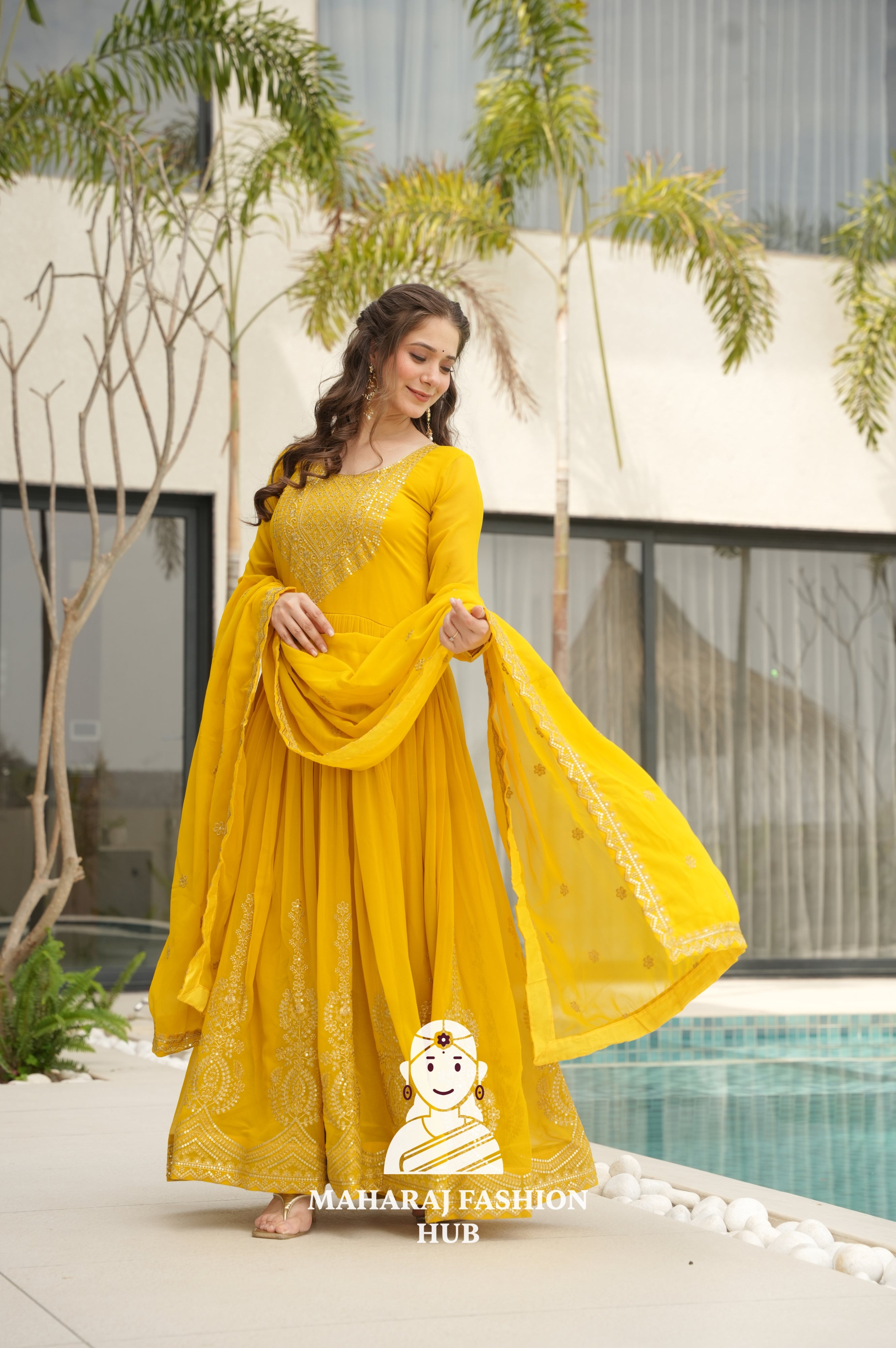 💫 Elegant Round Neck Gown in Faux Blooming Fabric - Special Designer Gown