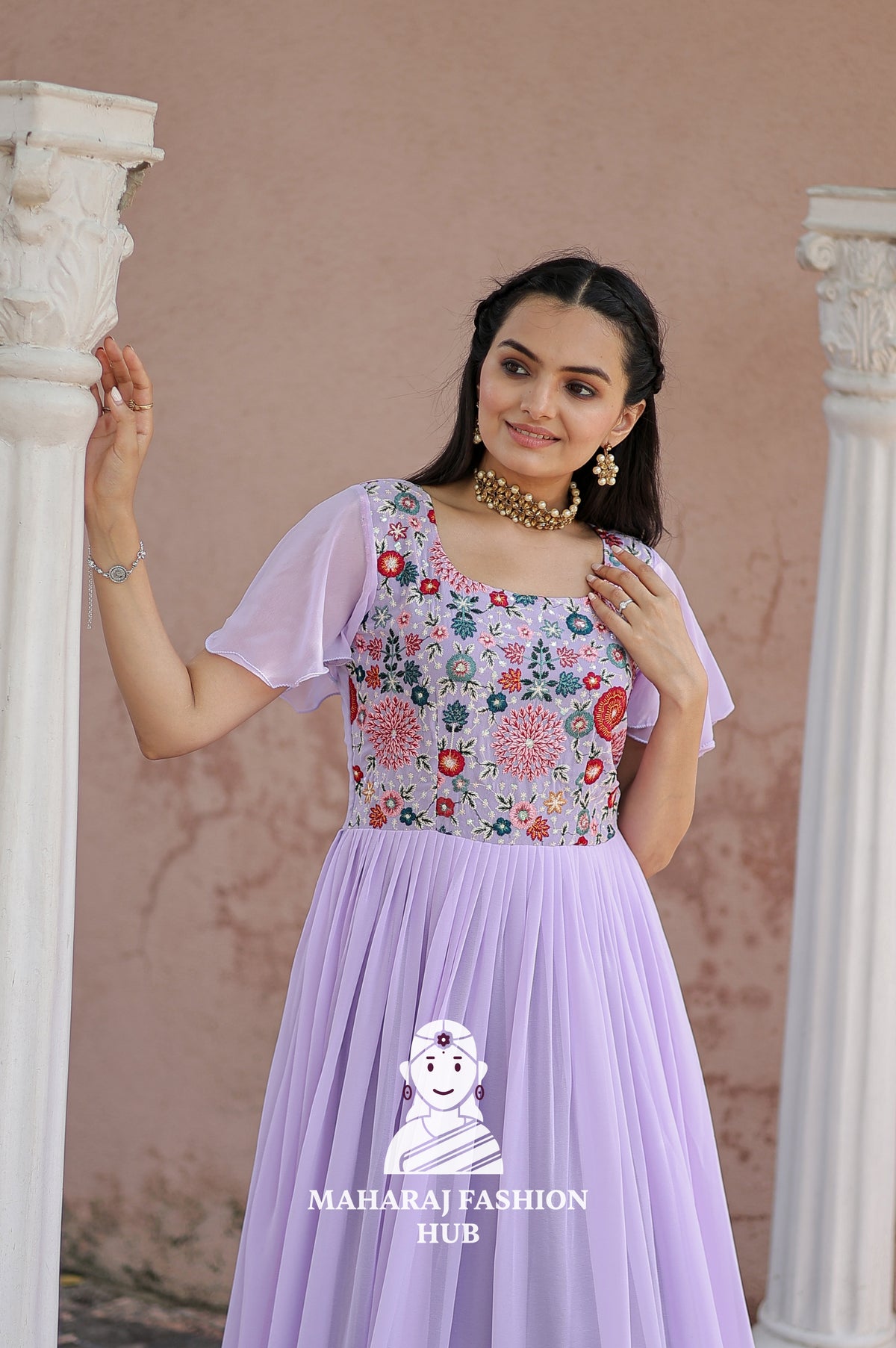 ✨ Faux Georgette Embroidered Gown with Sequins & Frill Stitch | Partywear Glam