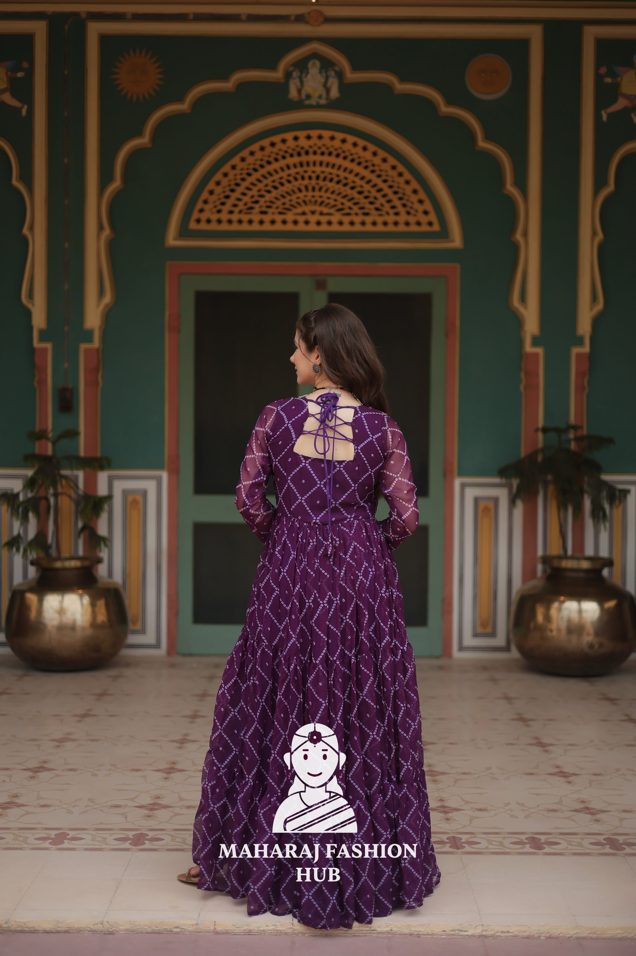 Faux Georgette Gown with Kutchi Patch and Bandhani Artistry