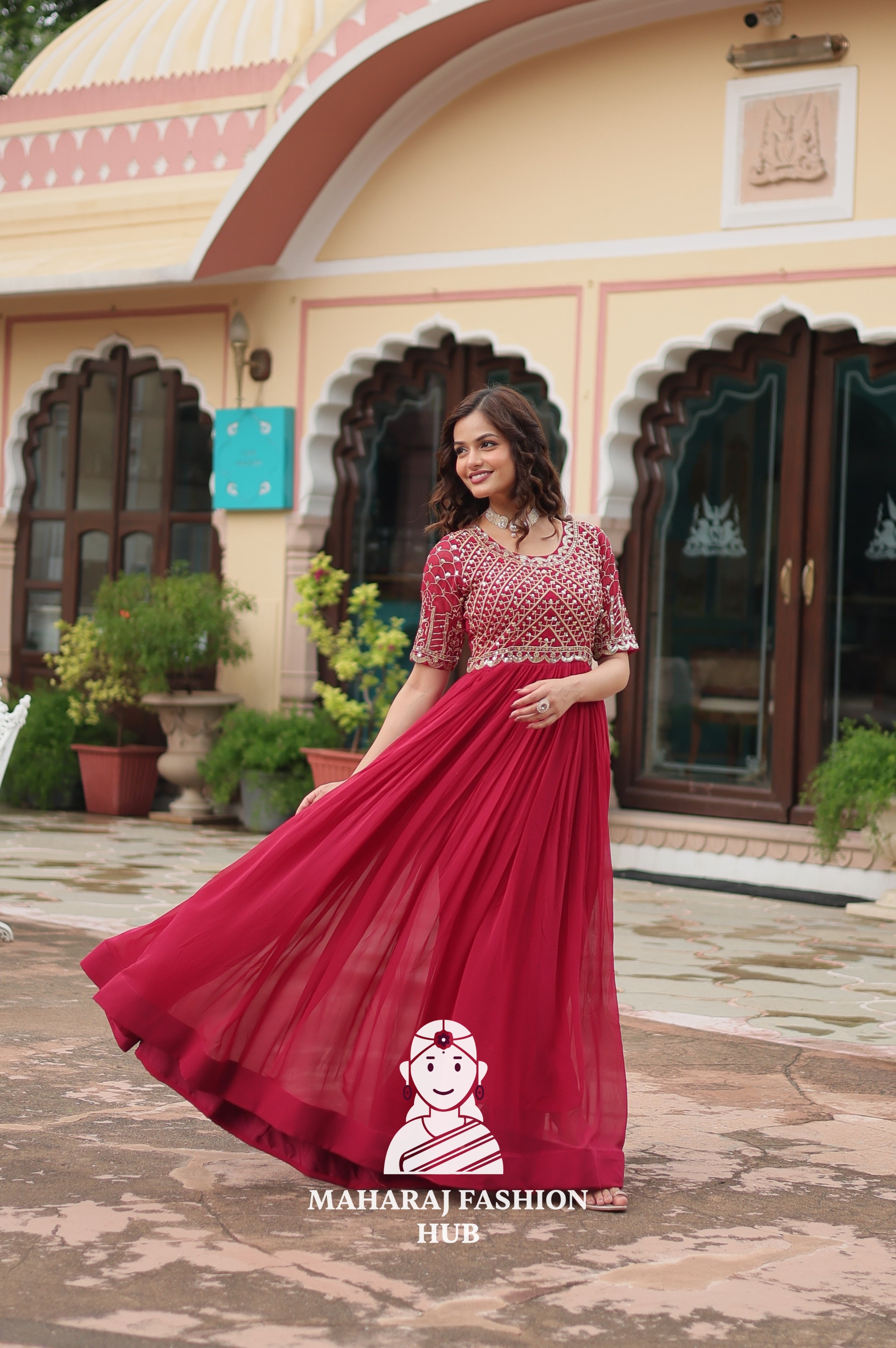 Beautiful Embroidered Faux Blooming Gown with Cotton Lining