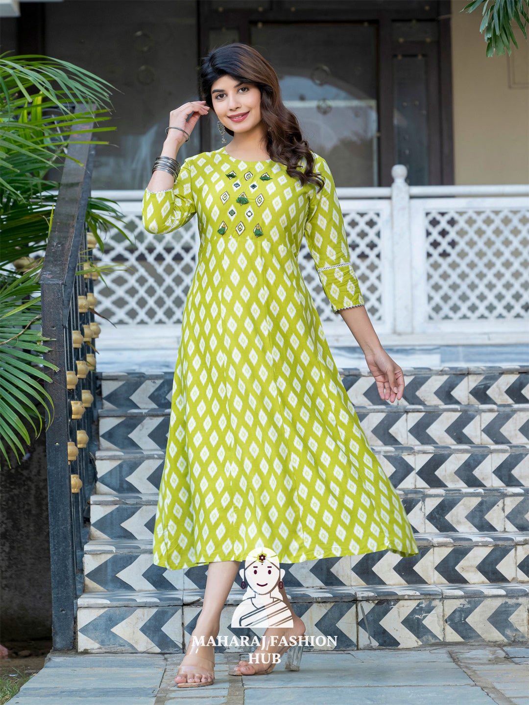 🌿 Printed & Embroidered Rayon Kurta – Parrot Green Chic