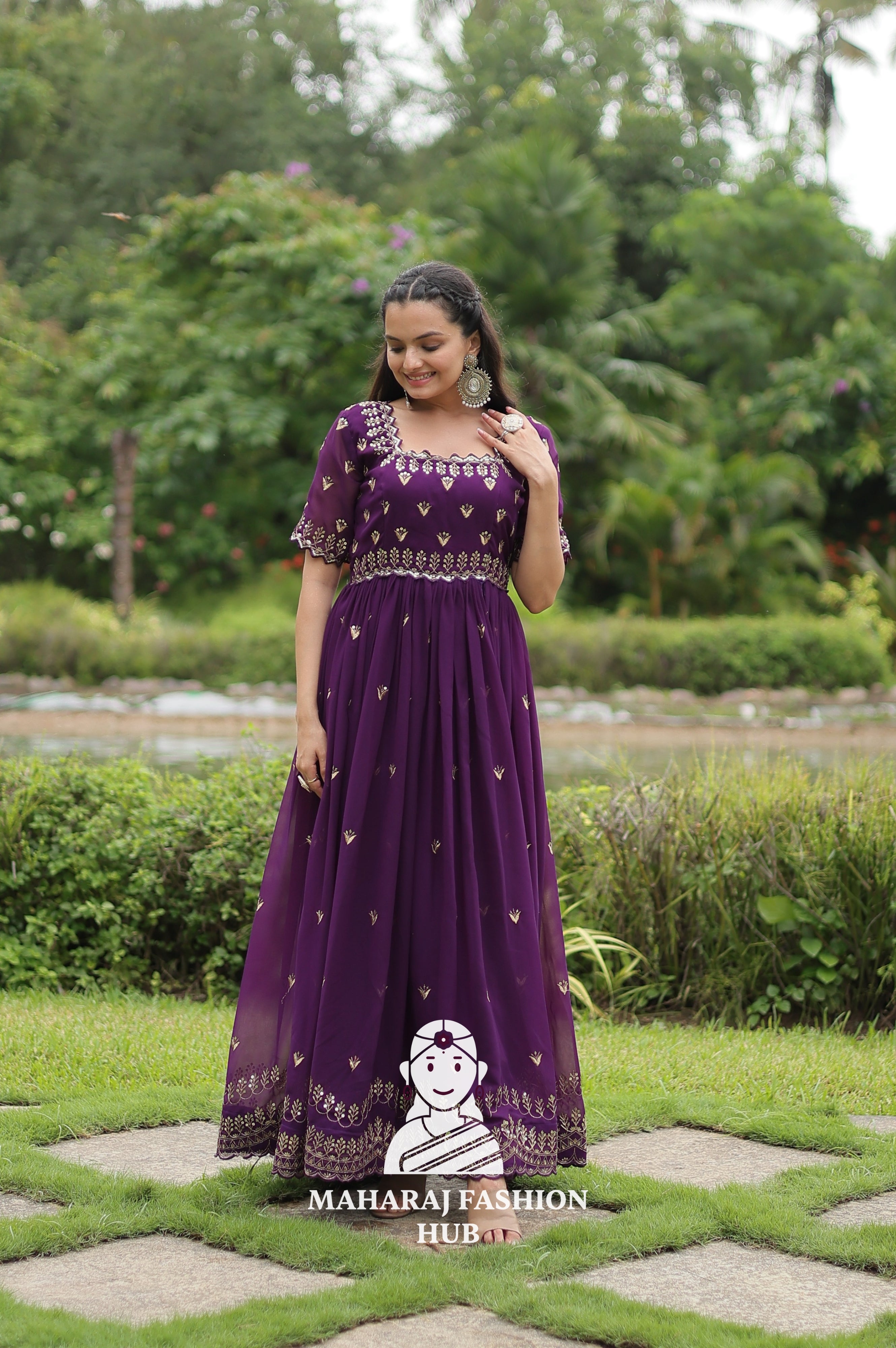 Designer Faux Blooming Fabric Gown with Modern Square Neck