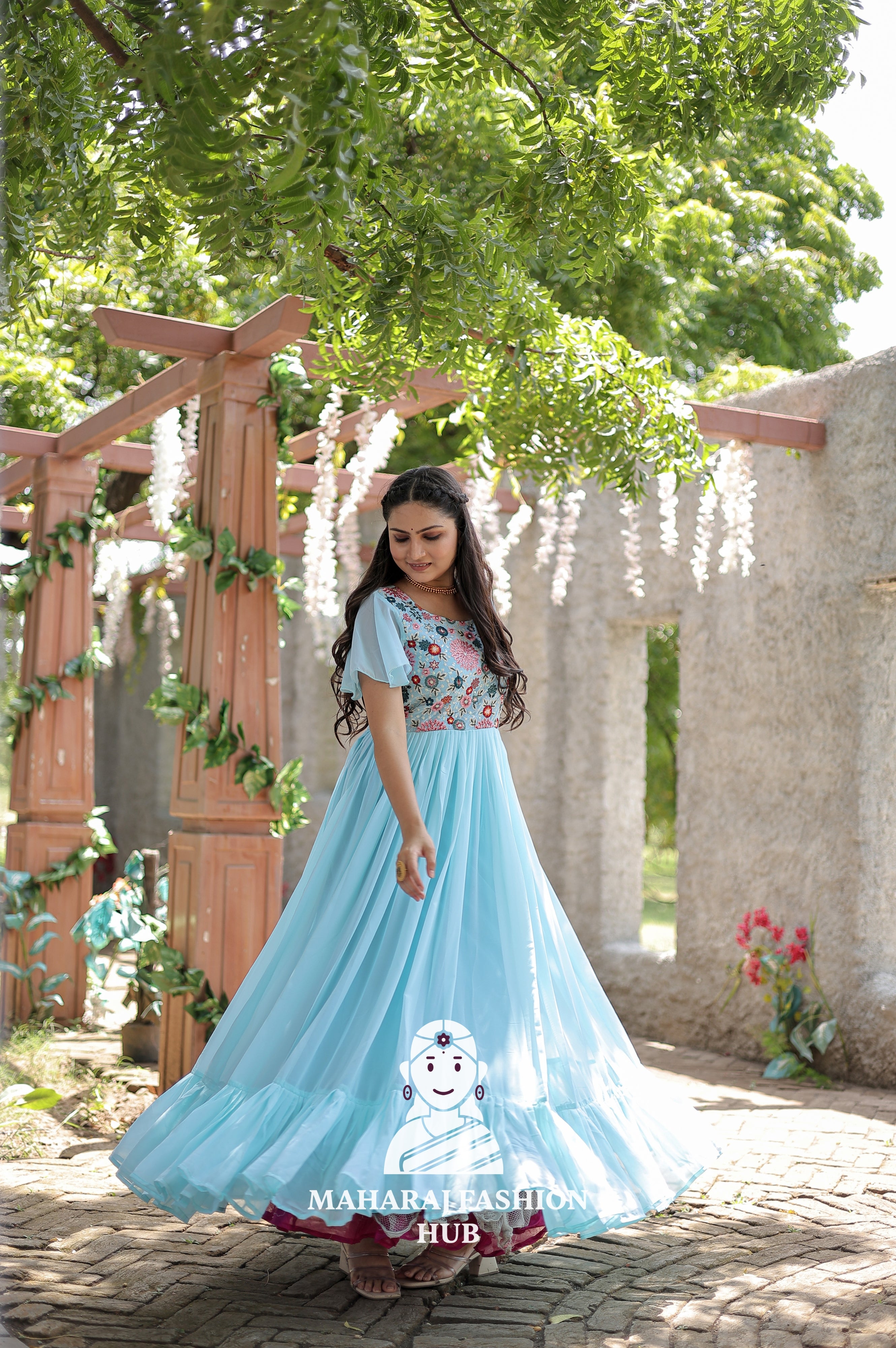 ✨ Cotton Lined Frill Stitch Gown in Faux Georgette | Wedding & Party Essential