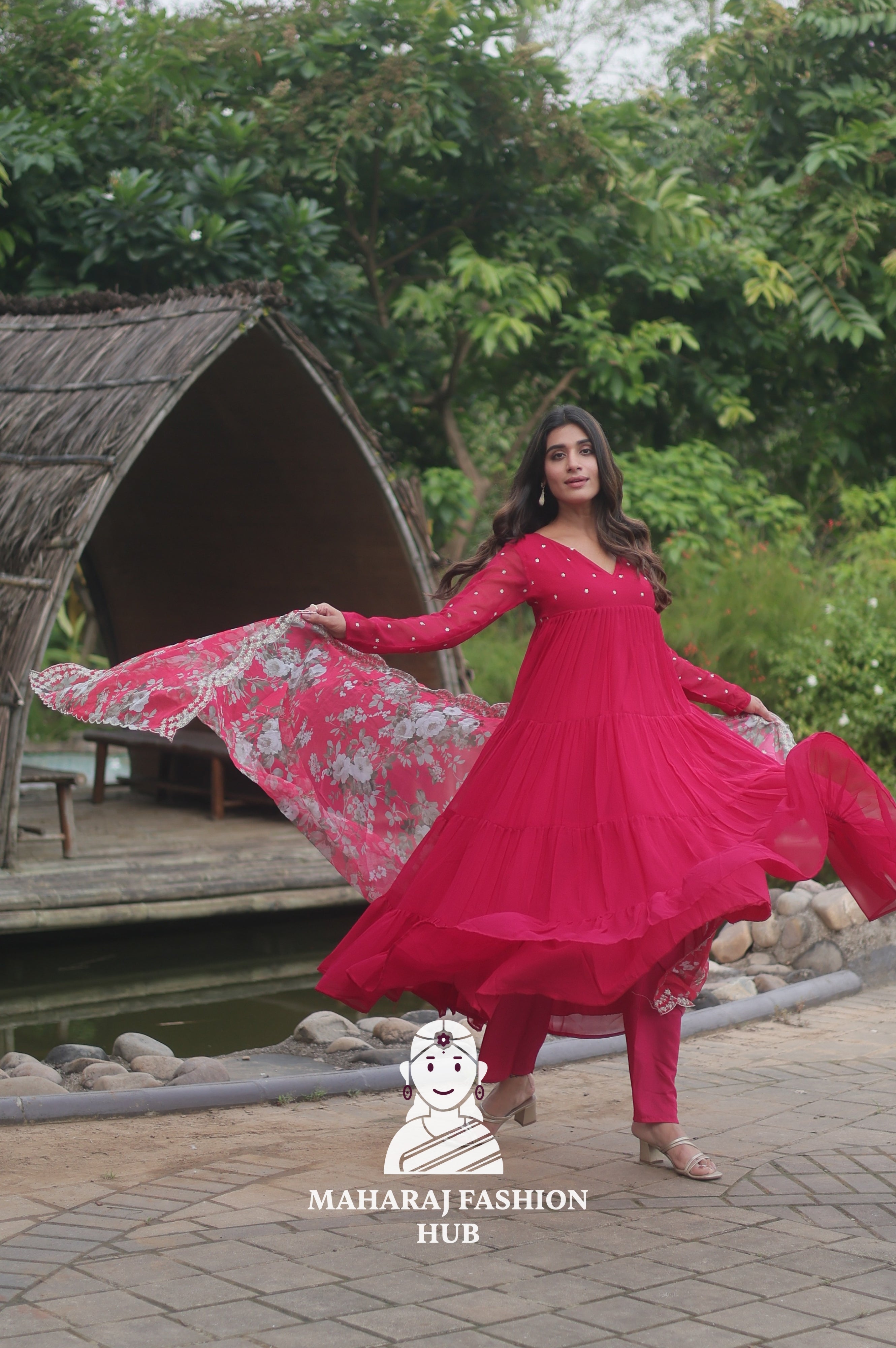 🪷 Floral Printed Organza Dupatta with Frill Gown & Micro Cotton Bottom