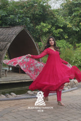 🪷 Floral Printed Organza Dupatta with Frill Gown & Micro Cotton Bottom