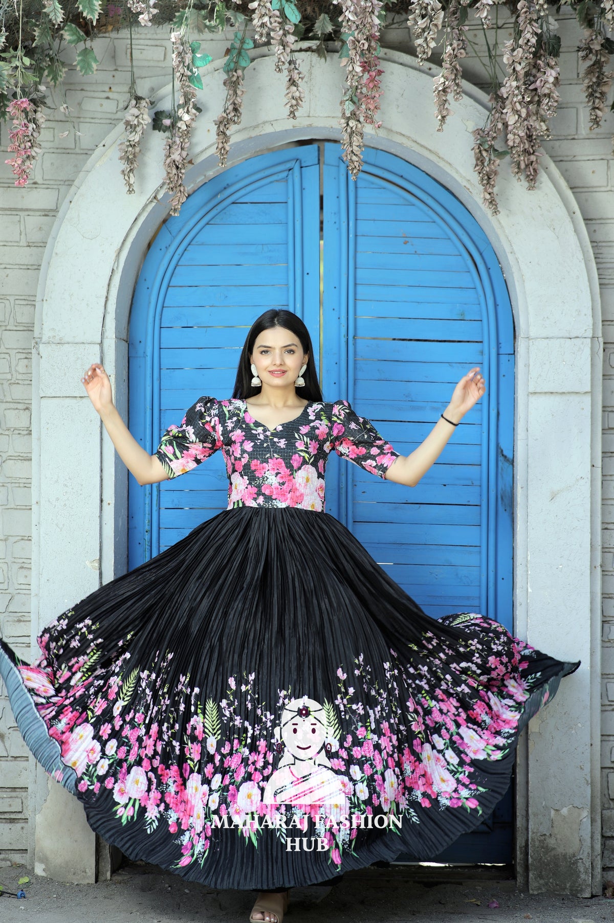 Elegant Digital Print Gown with Designer Neckline