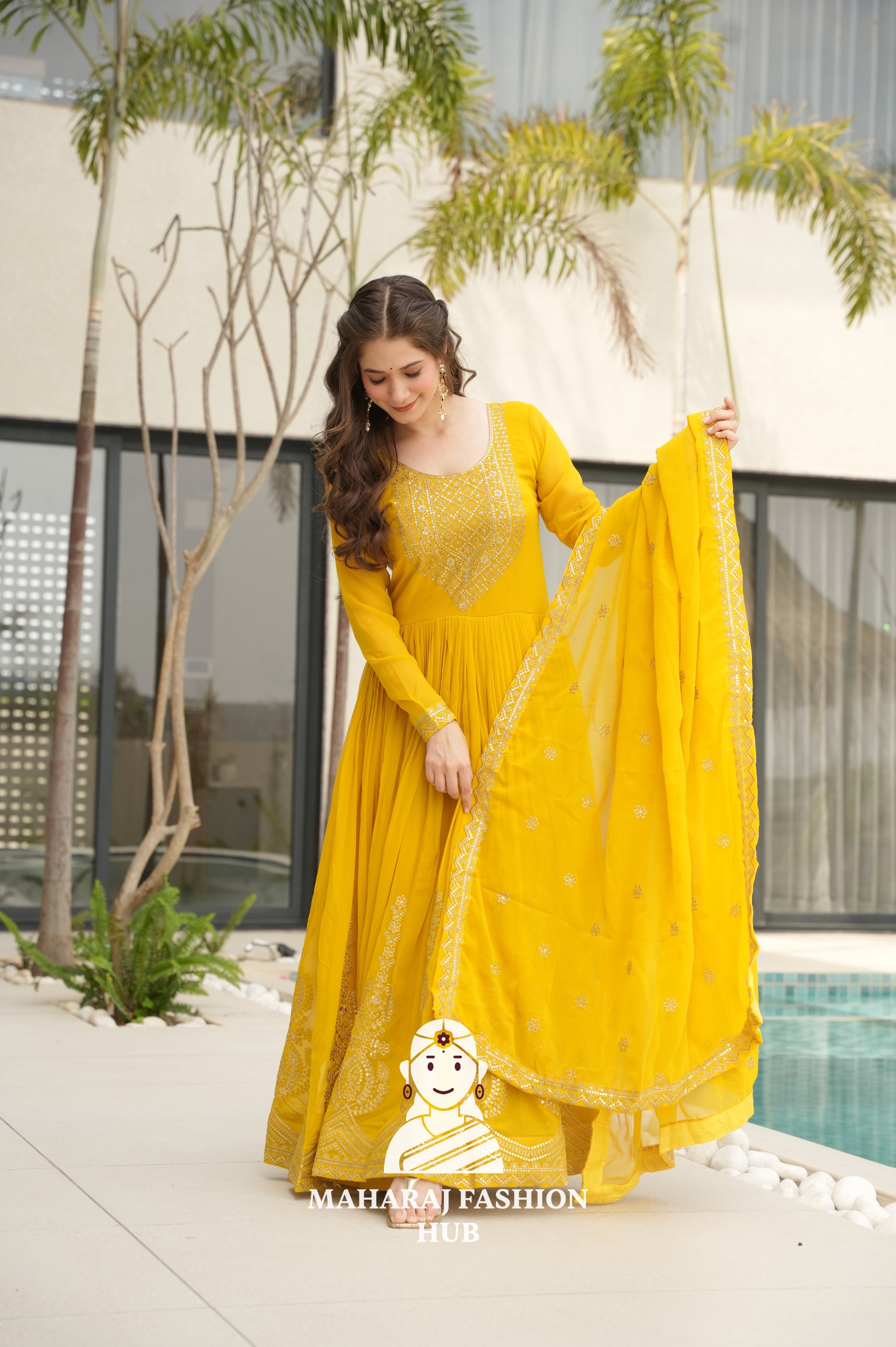 💫 Elegant Round Neck Gown in Faux Blooming Fabric - Special Designer Gown