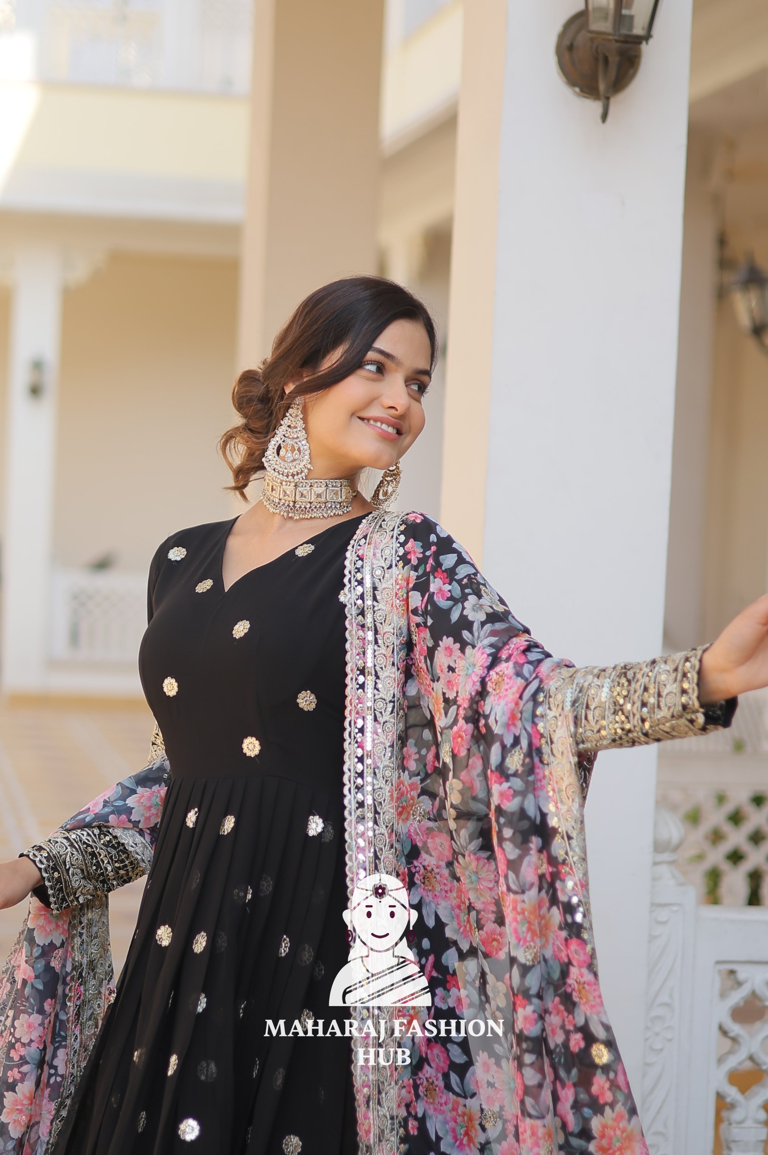 Partywear Faux Georgette Gown with Tabby Silk Cutwork Dupatta