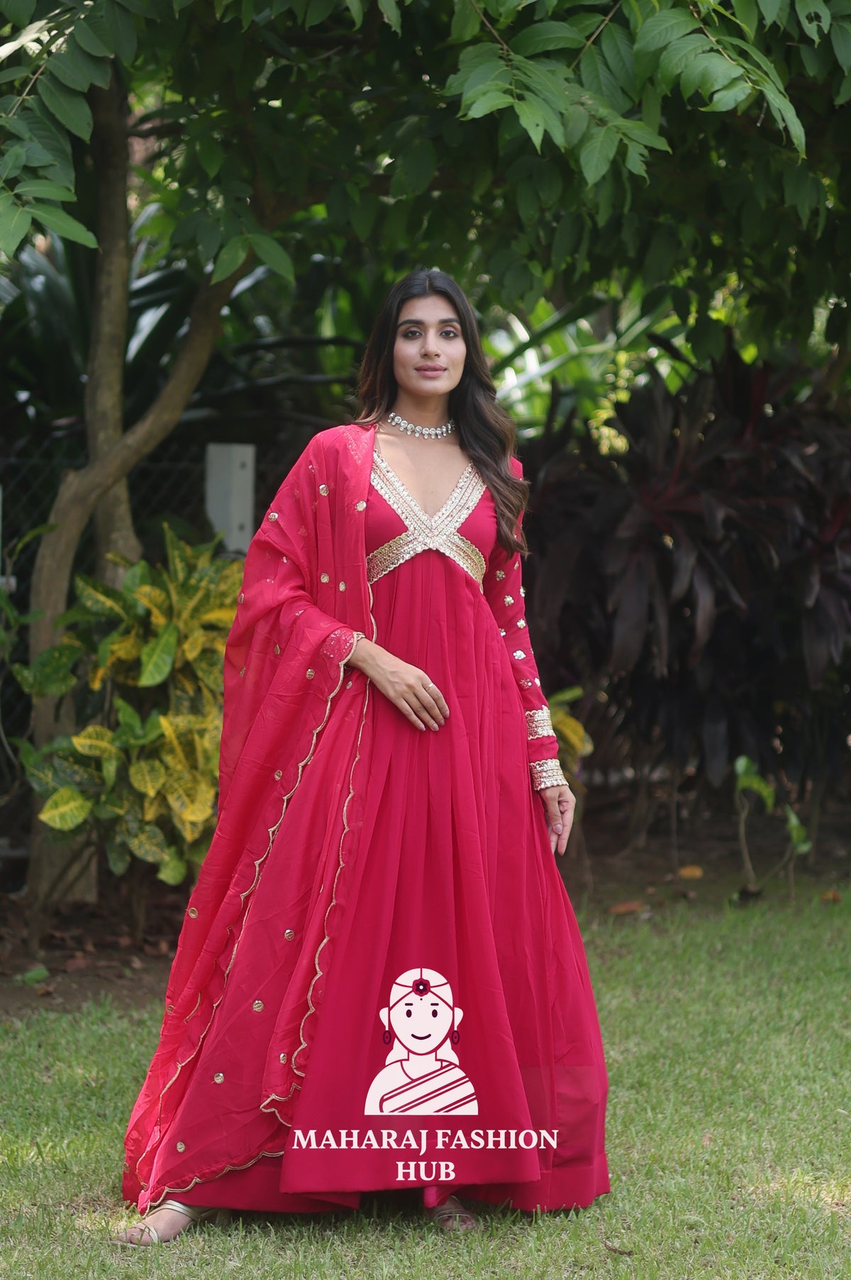 V-Neck Faux Blooming Gown – With Artistic Cut-Work Dupatta Combo 🌸