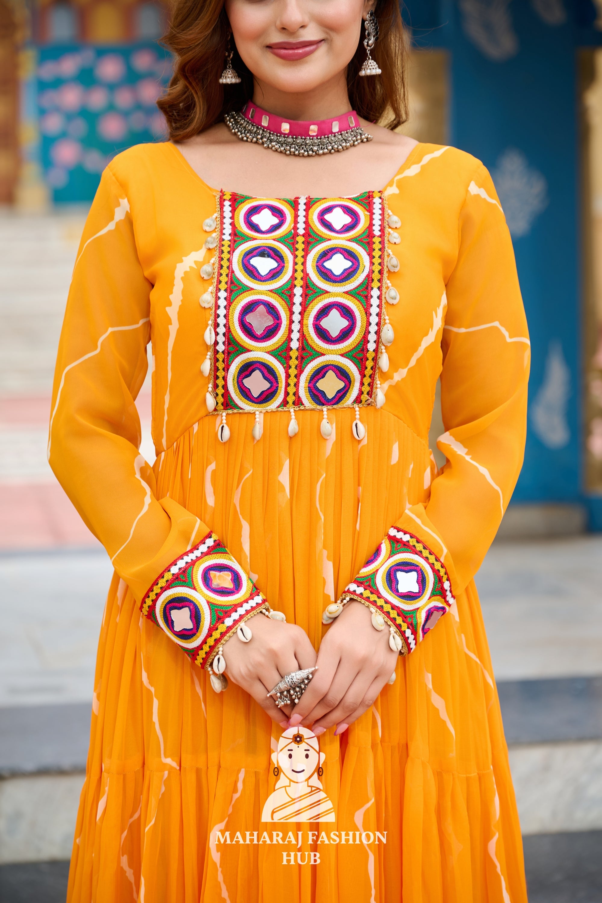 Premium Faux Georgette Laheriya Navratri Gown with Kutchi Embroidery 🌸🪔