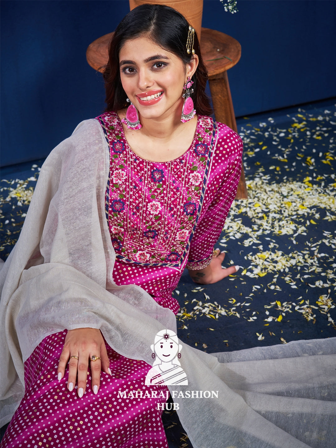 Maharaj Fashion Hub Anarkali Gown Set for Women – Embroidered Gown with Dupatta and Matching Bottom