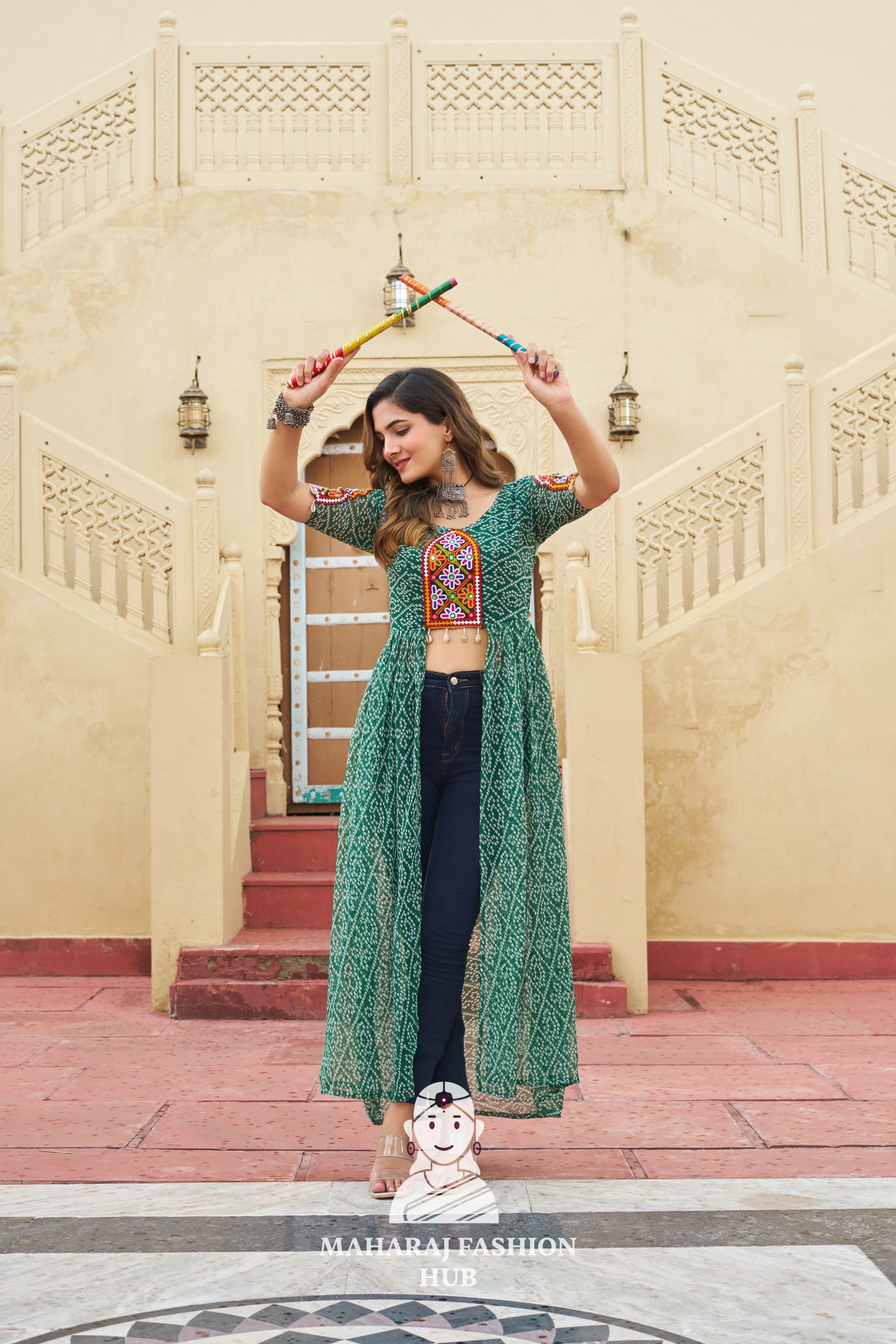 Elegant Bandhani Print Kutchi Patchwork Faux Georgette Navratri Kurti ✨👗