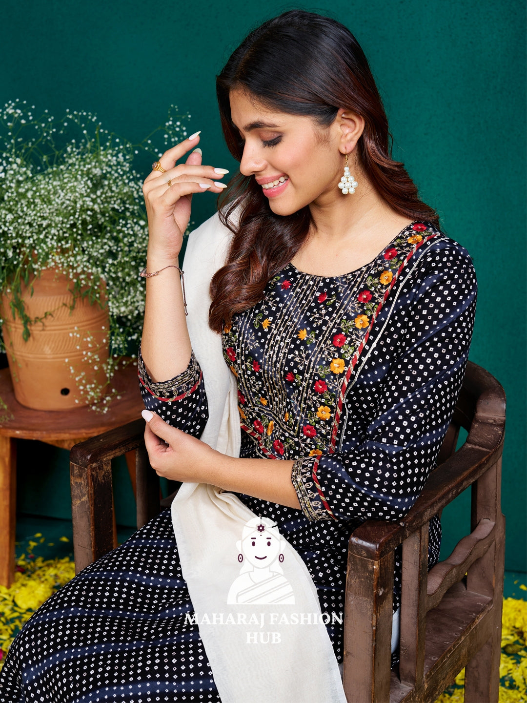 Maharaj Fashion Hub Anarkali Gown Set for Women – Embroidered Gown with Dupatta and Matching Bottom