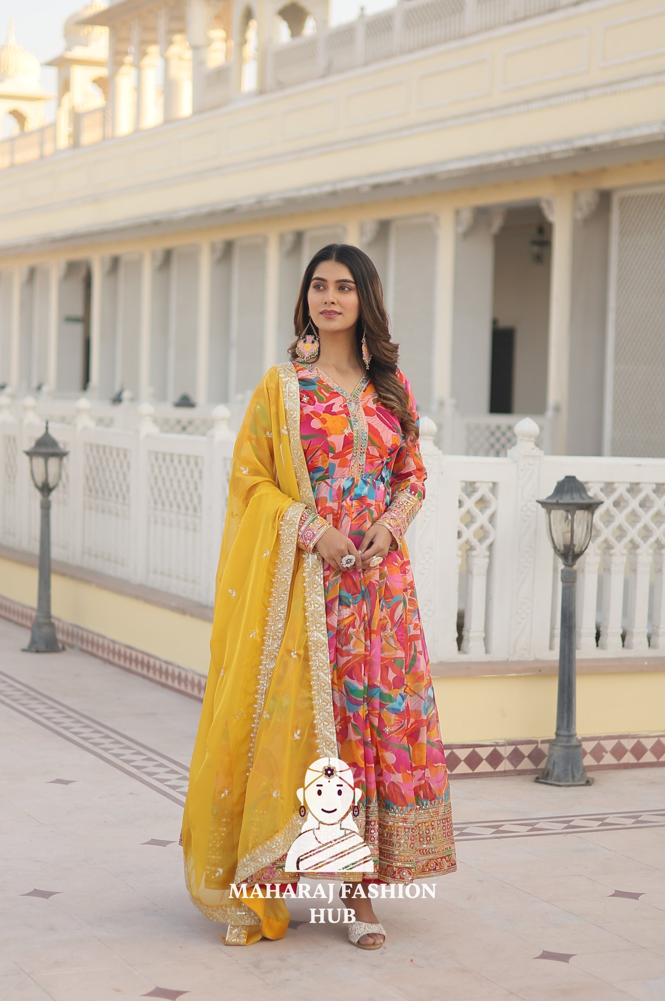 Zari & Sequins Russian Silk Gown with 3.5M Flair and Dupatta