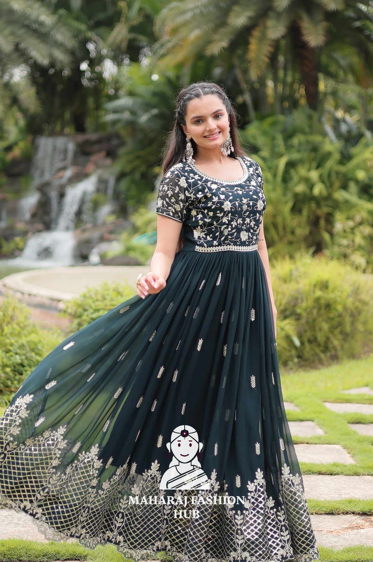 🧵 Cotton-Lined Comfort in Blooming Fabric -Special Designer Gown