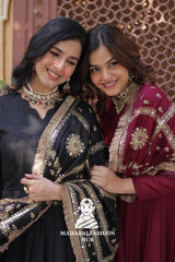 🪡 Zari Sequins Gown with Fancy Neck & Lace Border Dupatta - Special Designer Gown