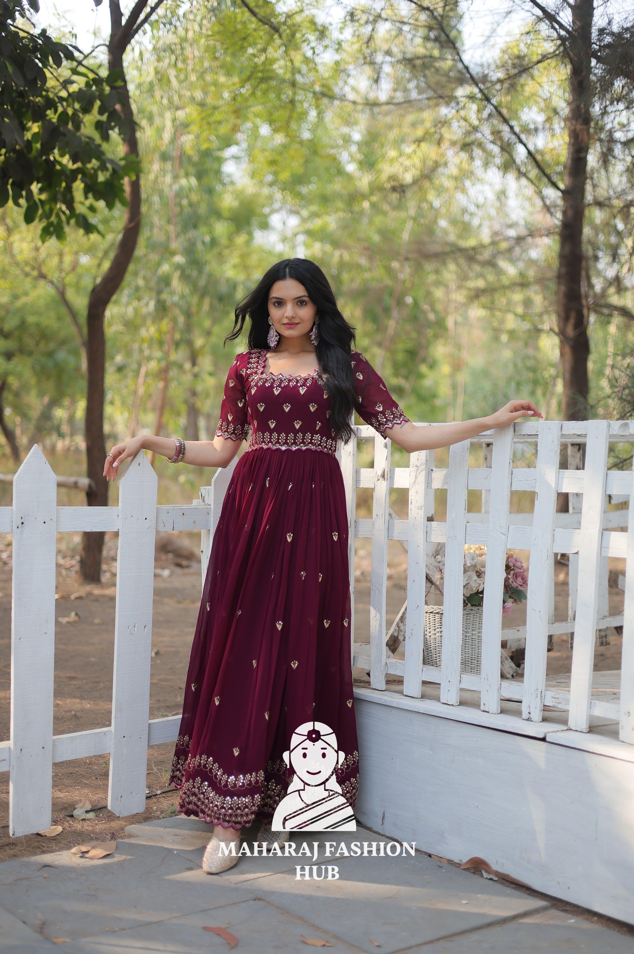 Elegant Faux Blooming Fabric Gown with Cut Work Sleeves