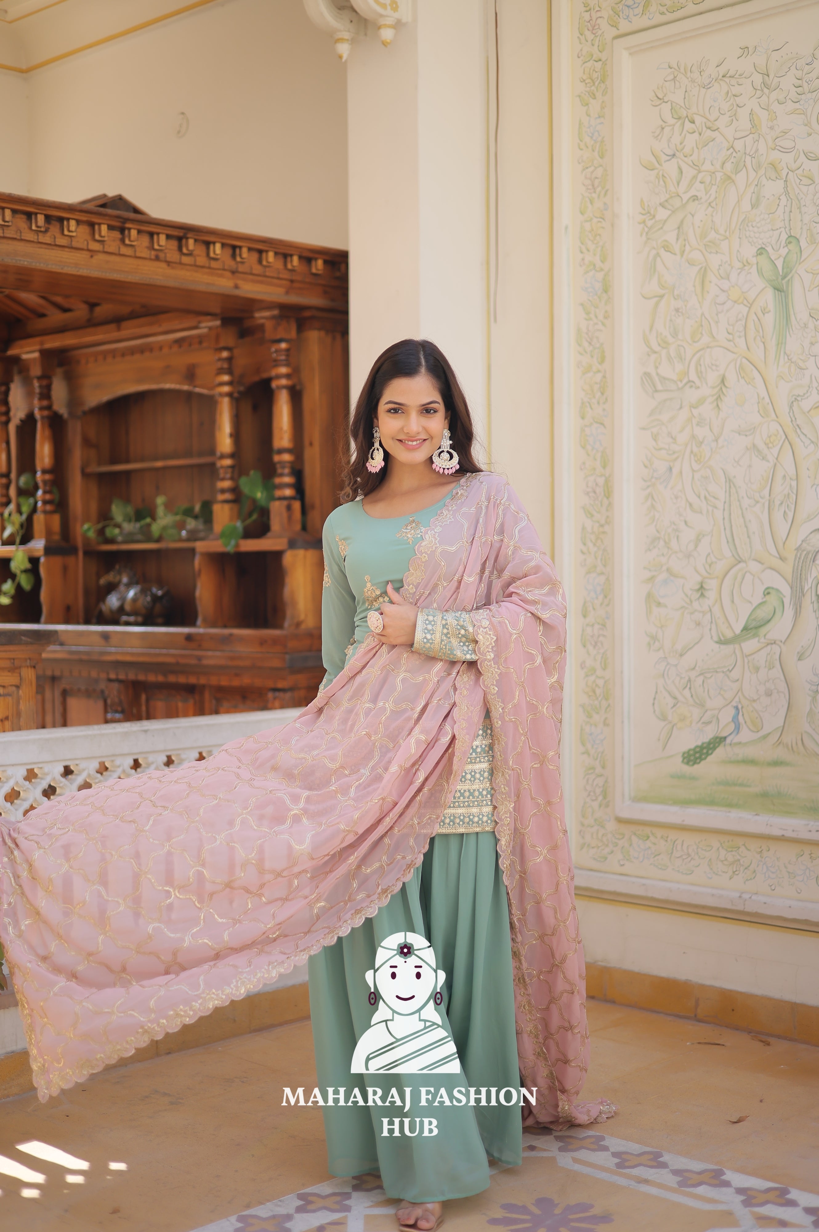 3 - Piece : Festive Ready Kurti Set with Elastic Plazzo & Designer Neckline