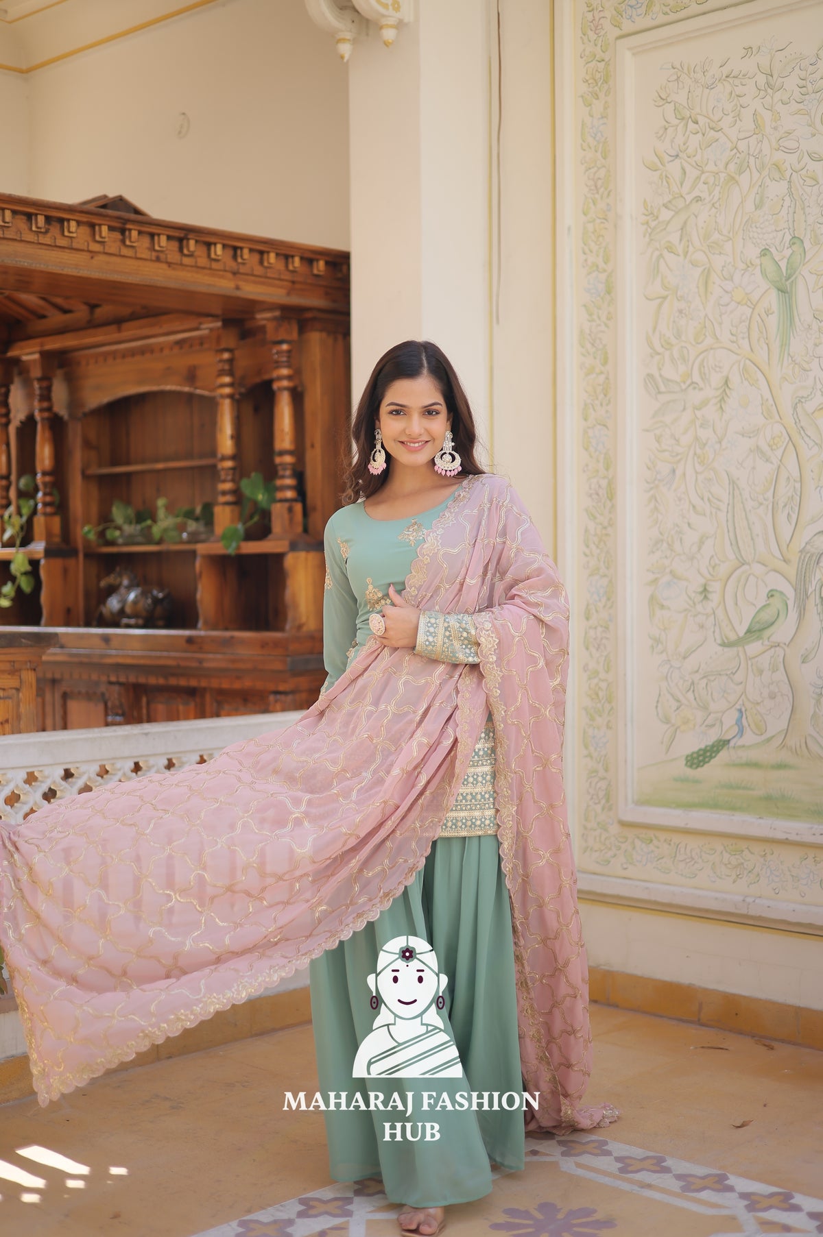 3 - Piece : Festive Ready Kurti Set with Elastic Plazzo & Designer Neckline