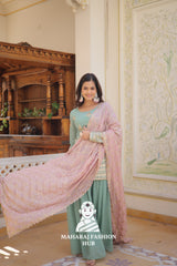 3 - Piece : Festive Ready Kurti Set with Elastic Plazzo & Designer Neckline