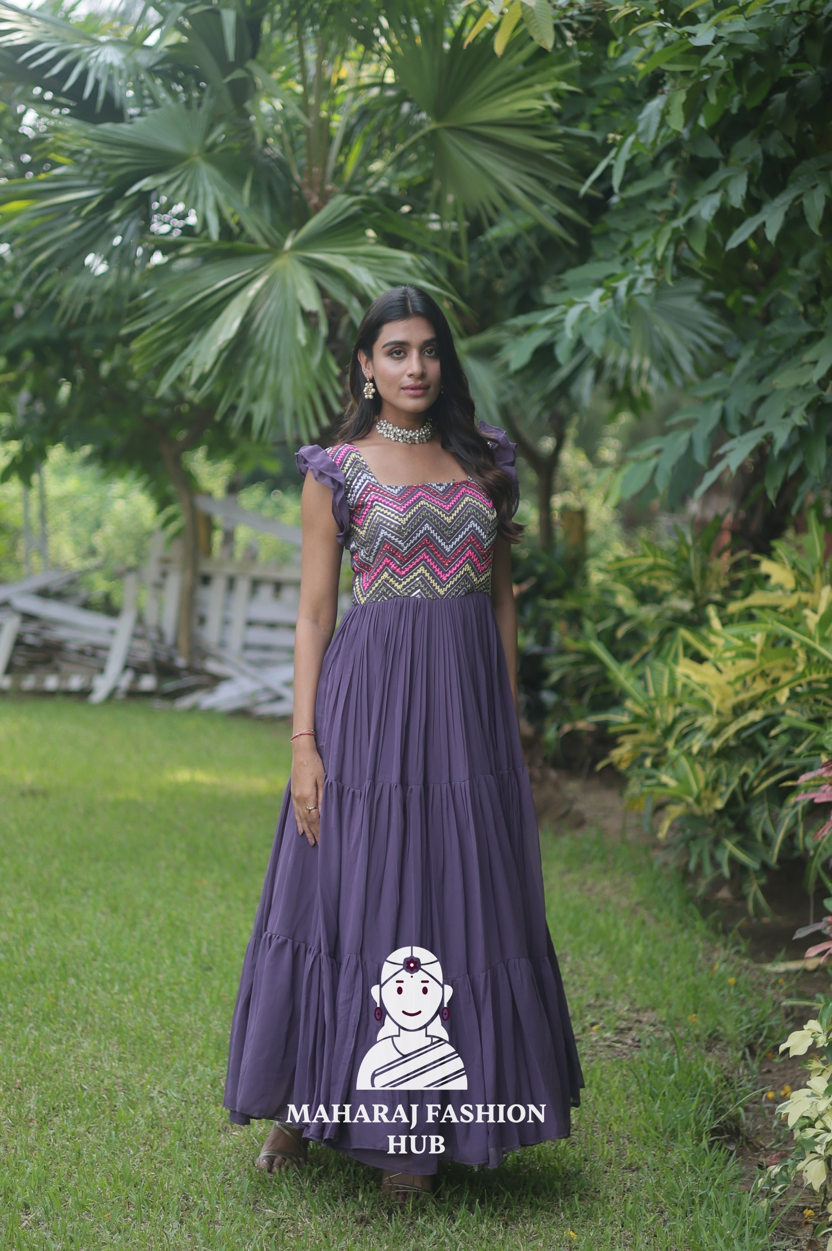 👑 Frill Shoulder Designer Gown with Square Neck & Embroidered Finish