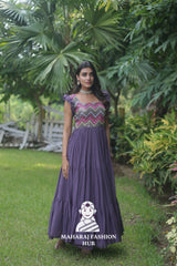 👑 Frill Shoulder Designer Gown with Square Neck & Embroidered Finish